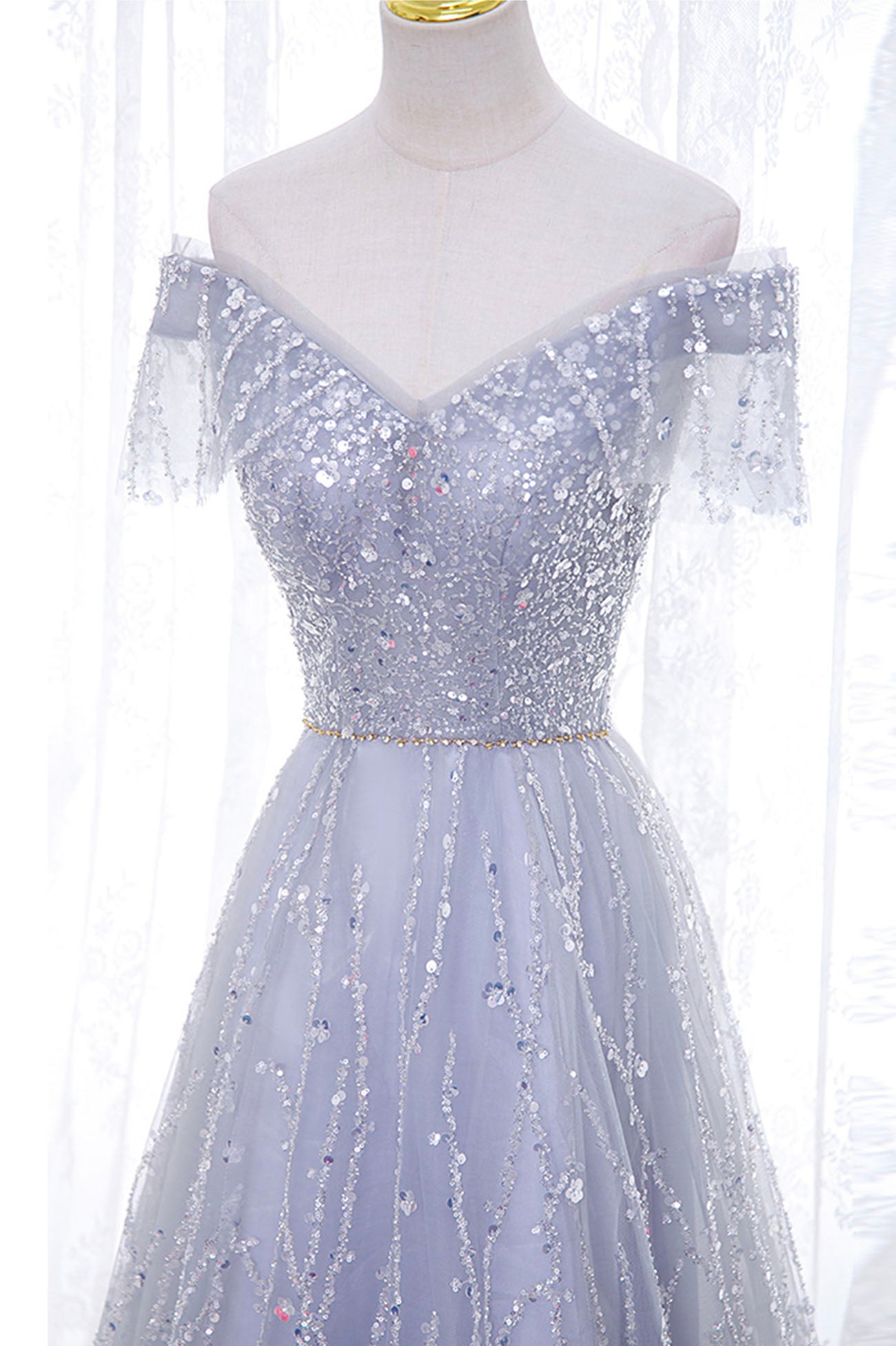 Elegant A Line Off the Shoulder Sequins Tulle Long Prom Dress Evening Dress DP1231
