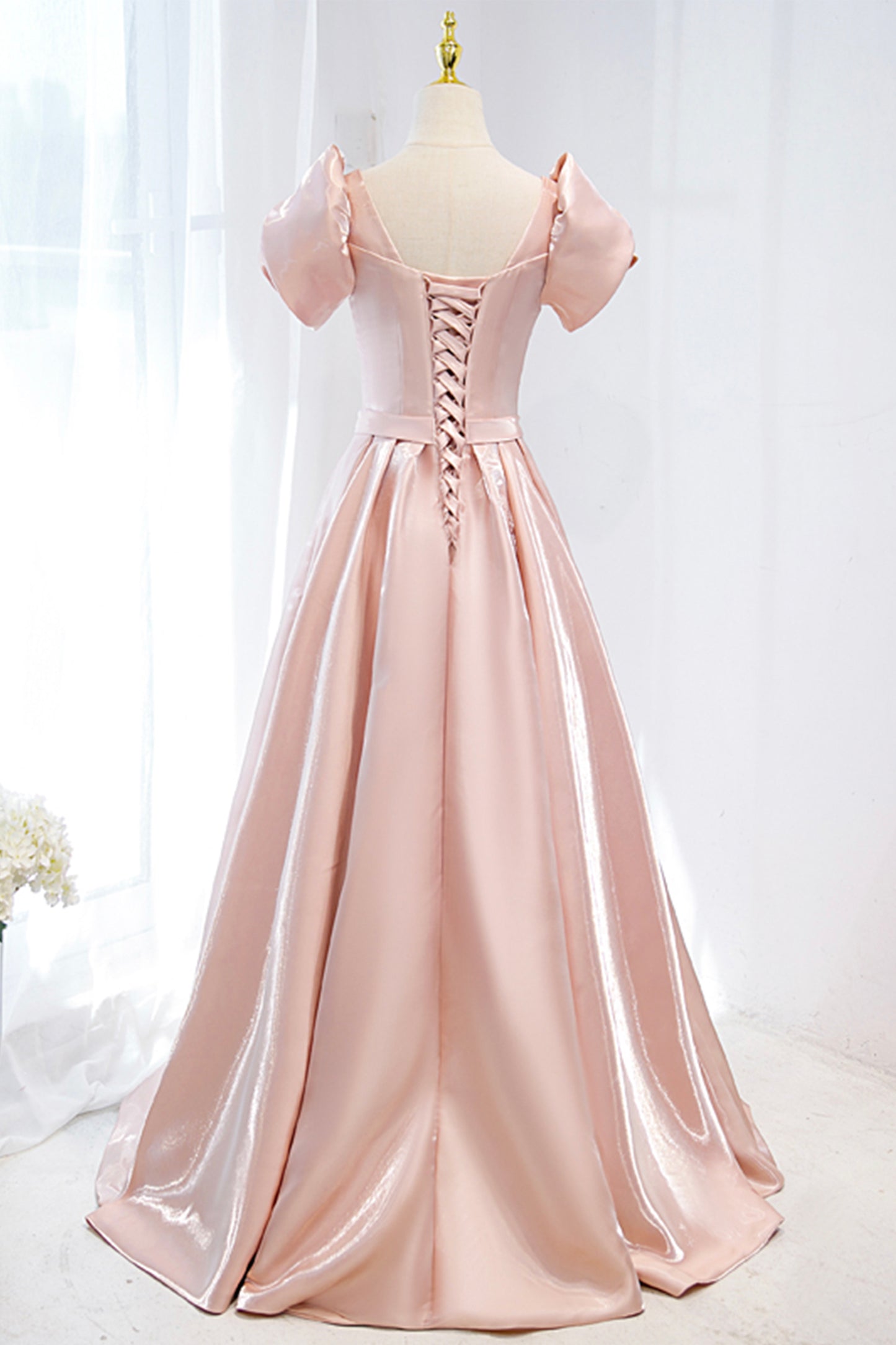 A Line V-neck Pink Satin Long Prom Dress Evening Dress with Bow DP996
