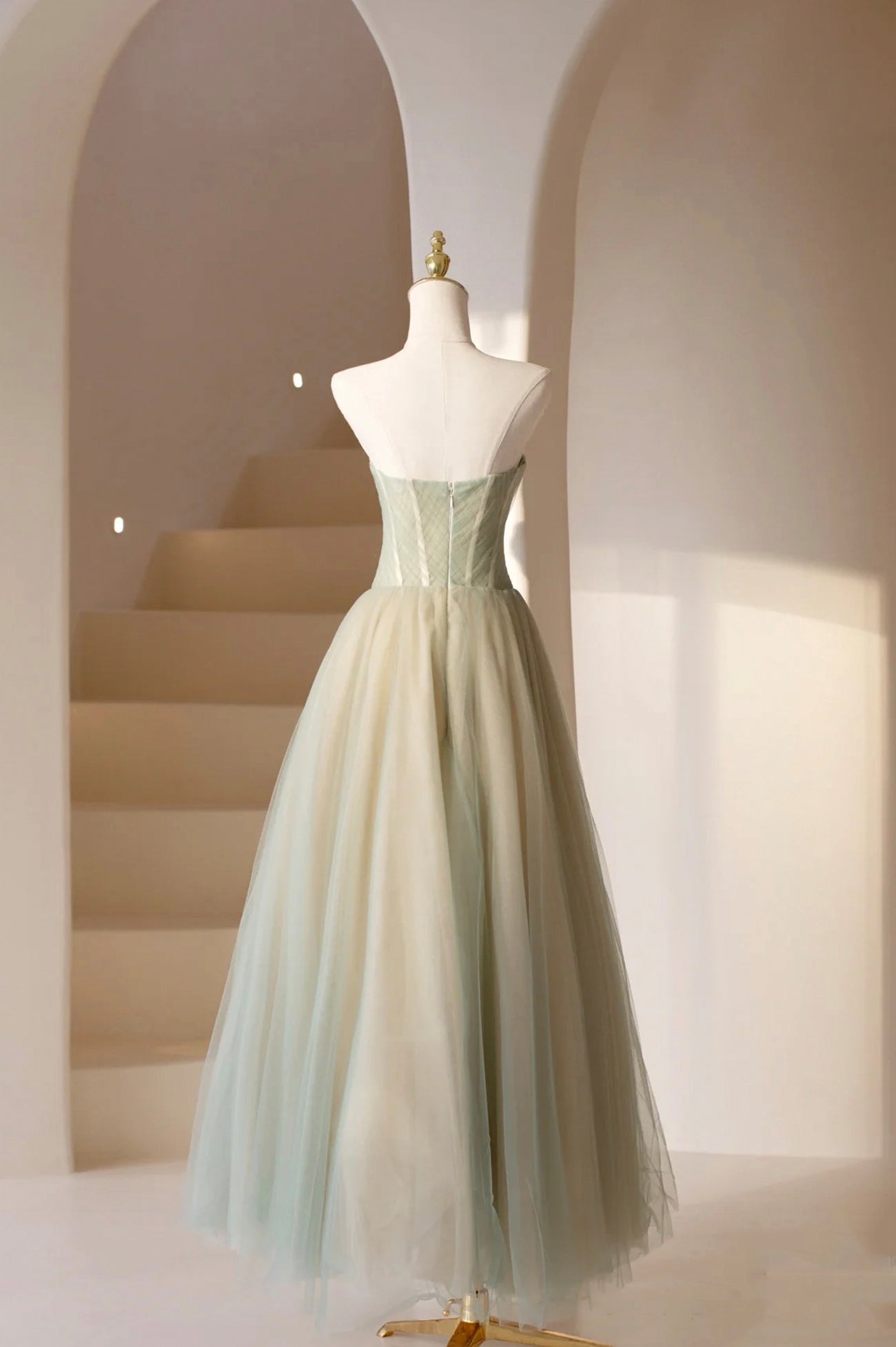 Cute Strapless Beaded Tulle Tea Length Prom Dress DP970