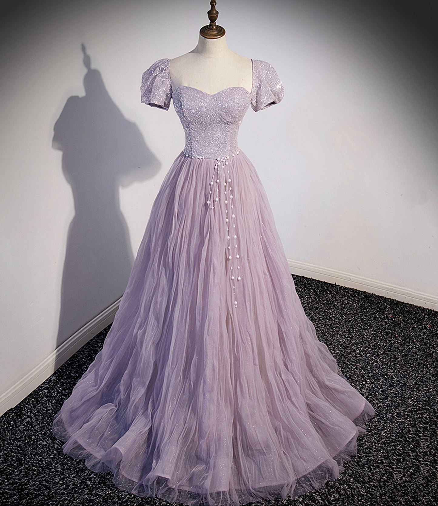 Light Purple Puff Sleeve Pearl Sequins Tulle Long Prom Dress Evening Dress DP1224