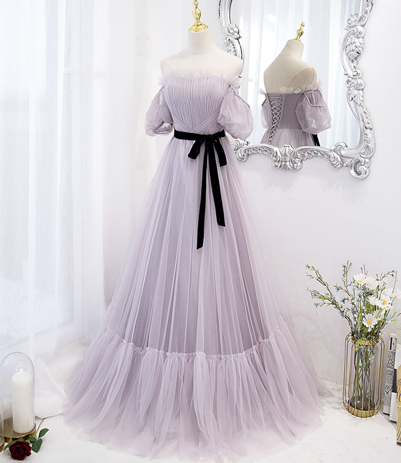 A Line Off-the-shoulder Purple Tulle Long Prom Dress Evening Dress DP1080