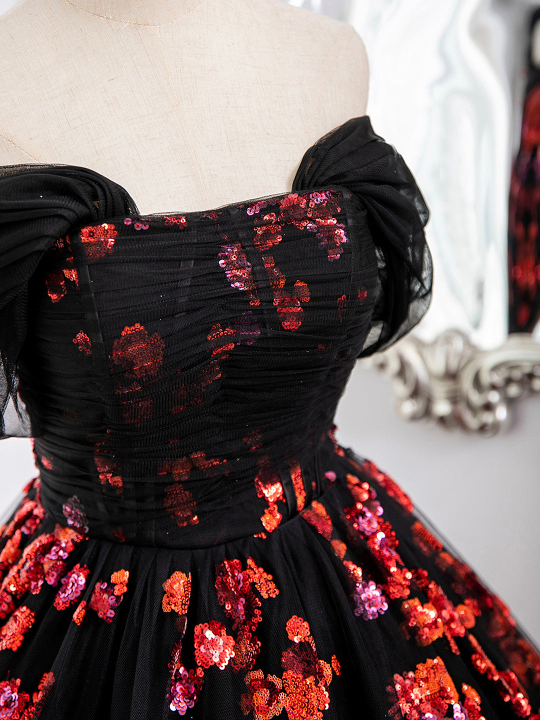 Off-the-shoulder Black Tulle Red Sequins Long Formal Gown Evening Party Dress DP914