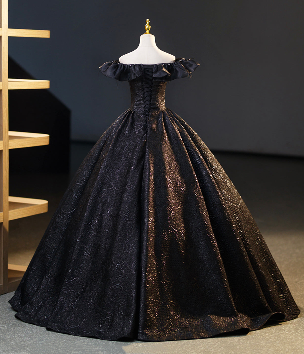 Black A Line Off-the-shoulder Satin Prom Dress Ball Gown DP948
