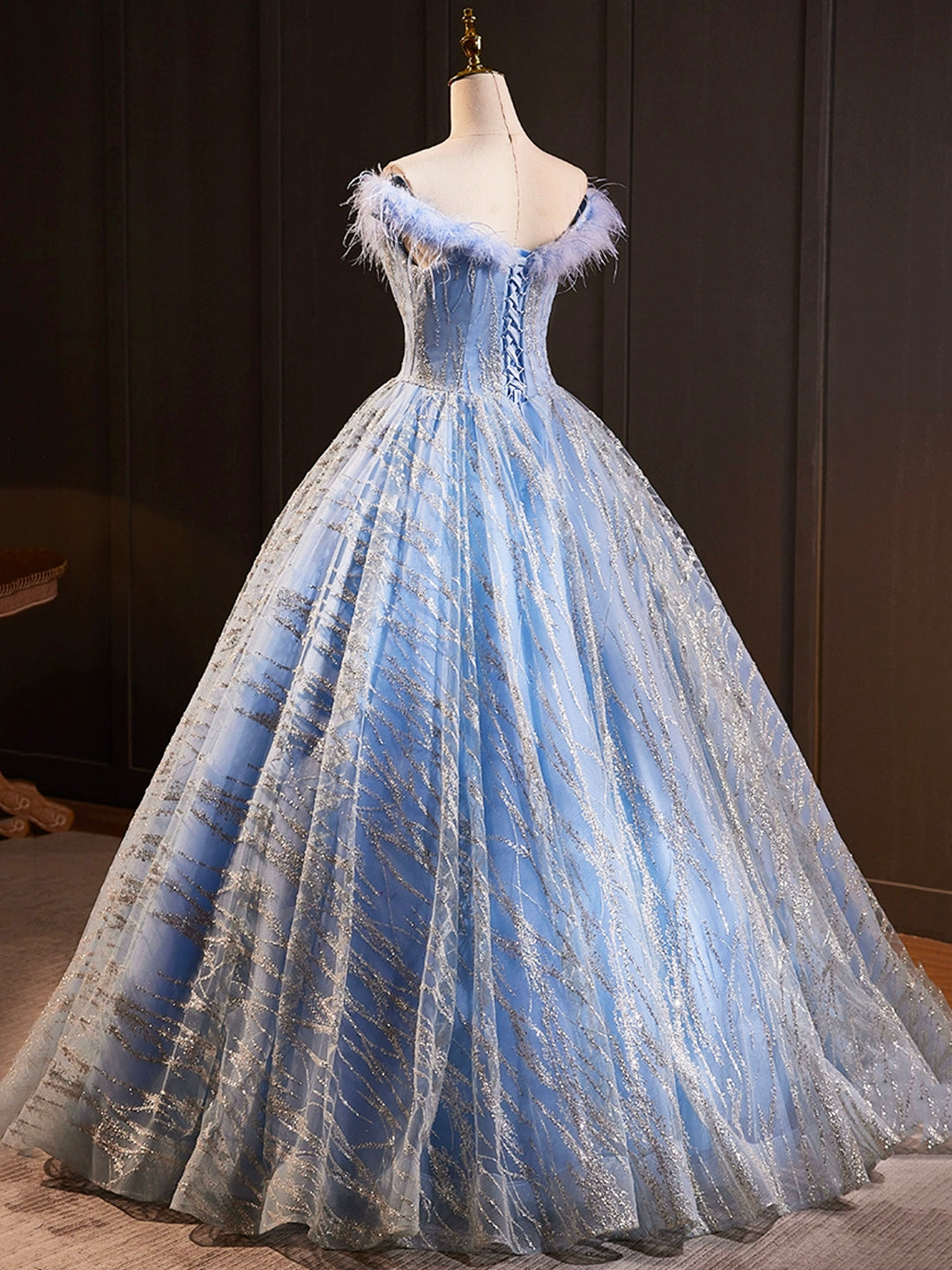 A Line Sequins Blue Tulle Long Prom Dresses Evening Dresses with Feather DP1099