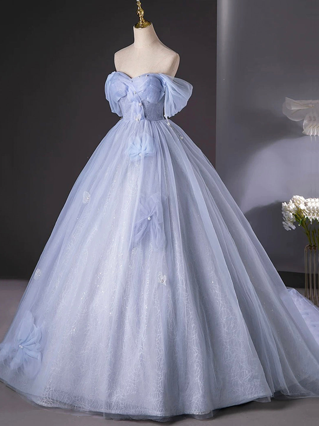 A Line Off the Shoulder Blue Tulle Floor Length Prom Dress Ball Gown DP1092