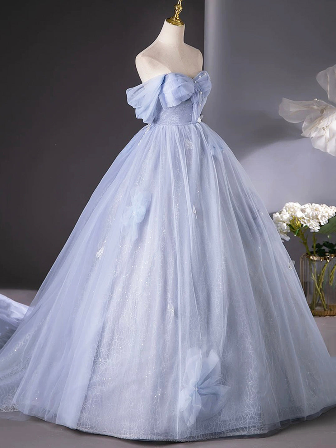 A Line Off the Shoulder Blue Tulle Floor Length Prom Dress Ball Gown DP1092