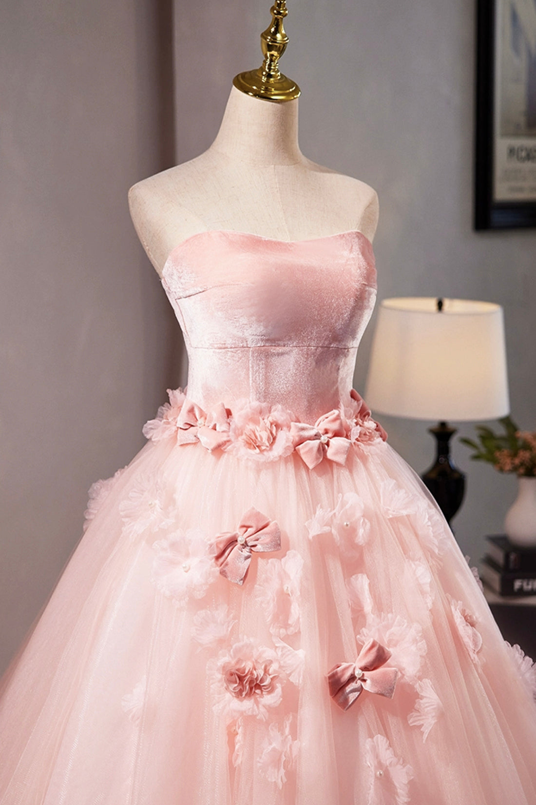 A Line Pink Velvet Tulle Prom Dress with Flowers Evening Sweet 16 Dress DP1079