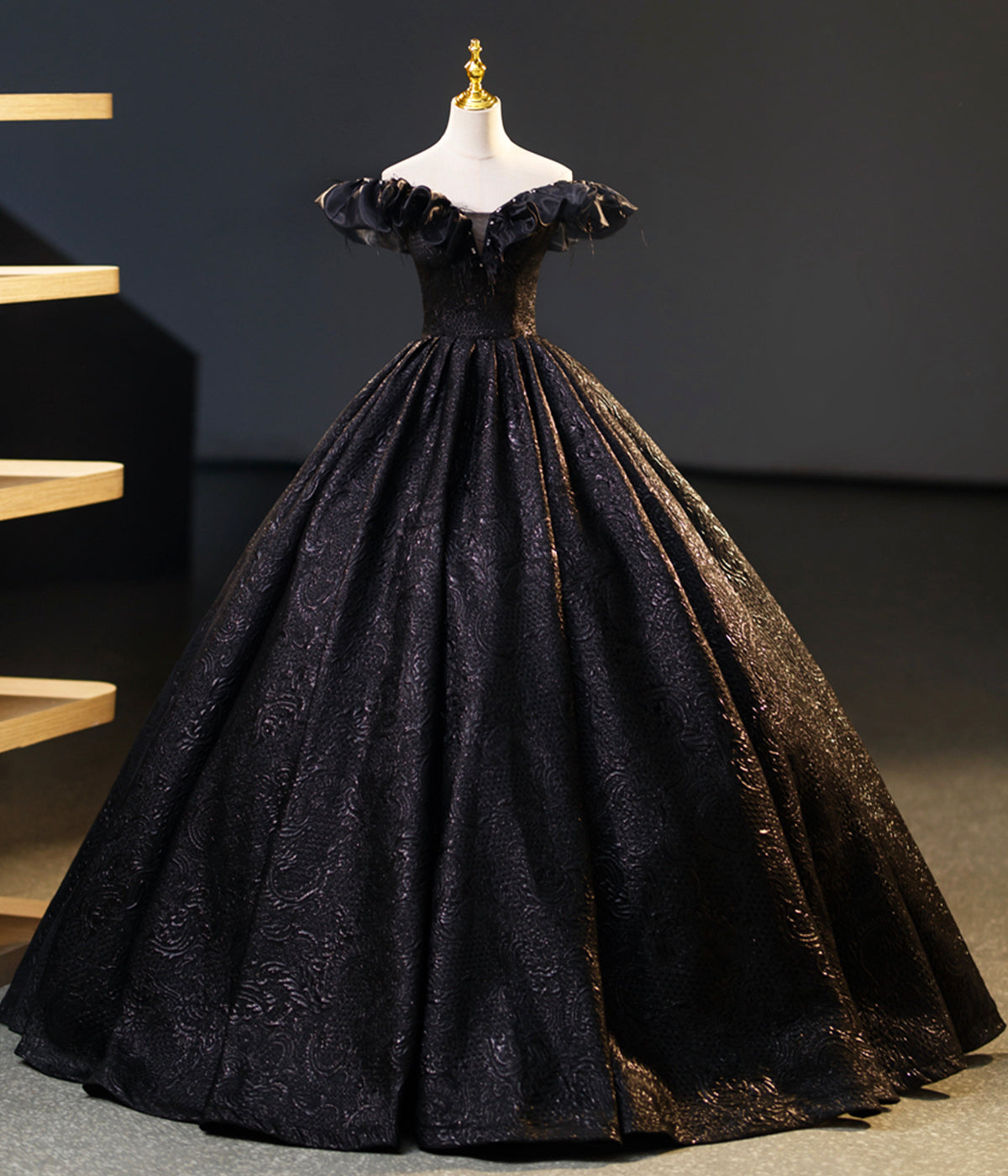 Black A Line Off-the-shoulder Satin Prom Dress Ball Gown DP948