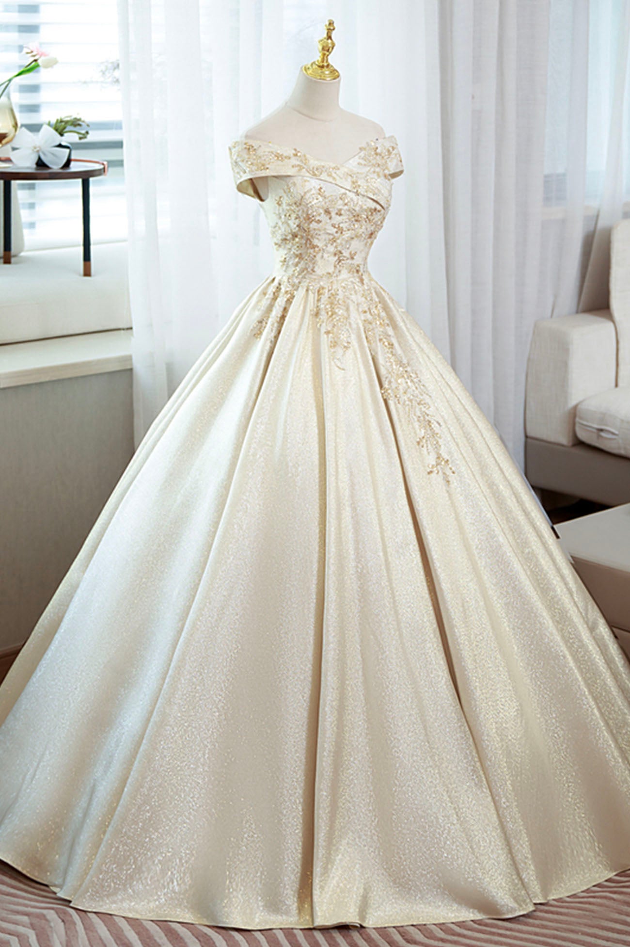 Champagne A Line Sequins Beaded Satin Long Ball Gown Formal Gown DP926