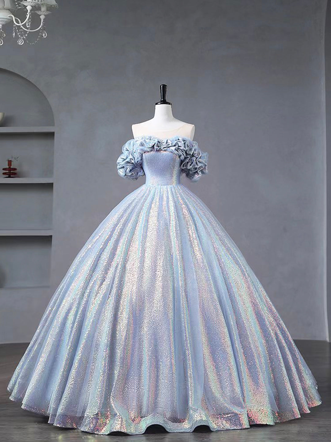 Blue A Line Tulle Sequins Long Ball Gown Prom Dresses DP923