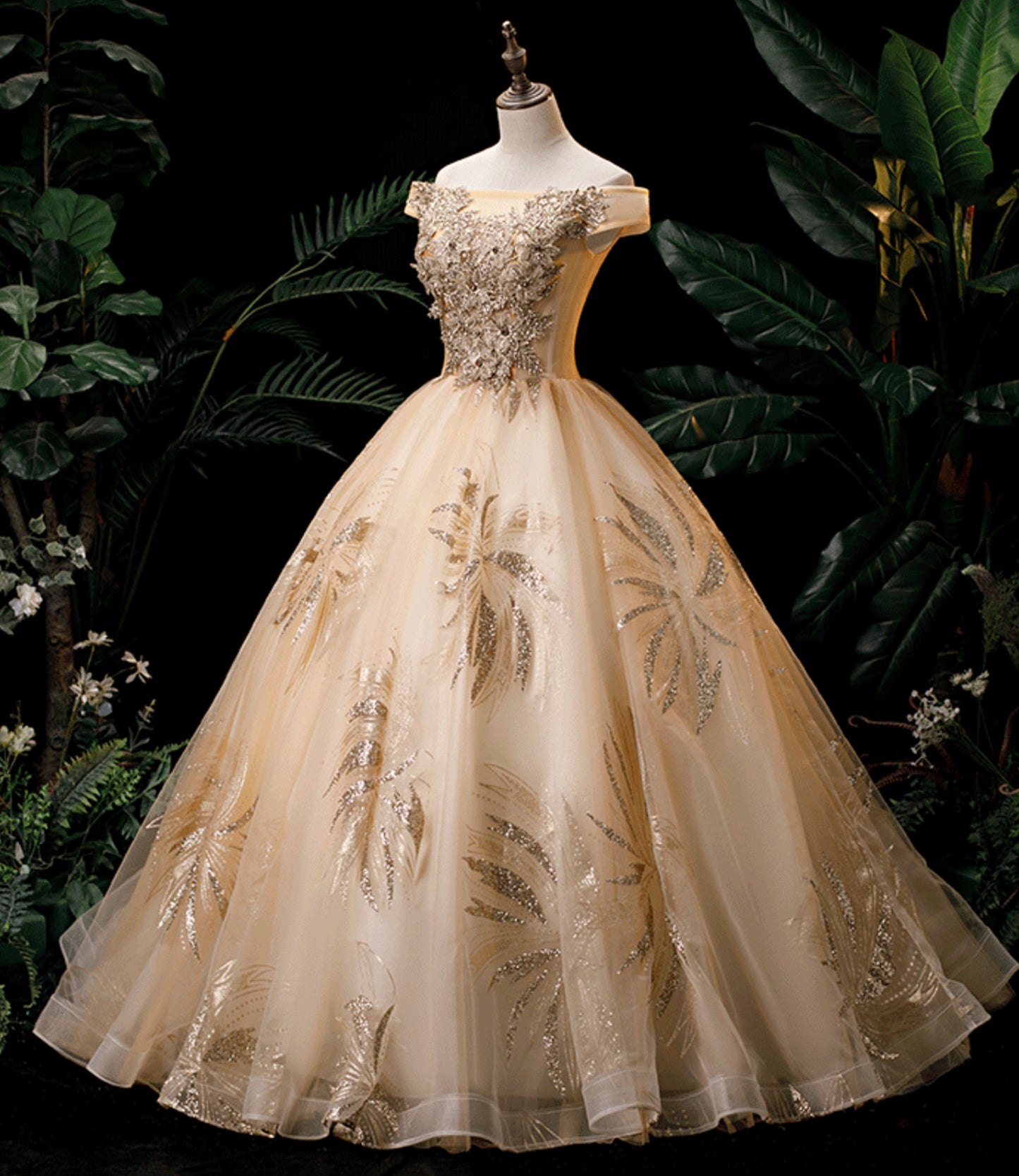 Champagne Off-the-shoulder Lace Sequins Tulle Long Ball Gown Formal Gown DP902