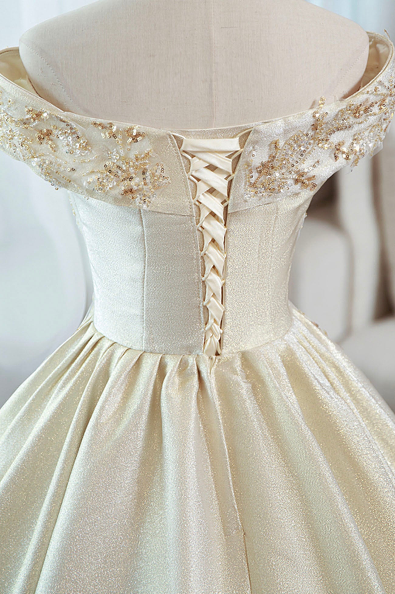 Champagne A Line Sequins Beaded Satin Long Ball Gown Formal Gown DP926