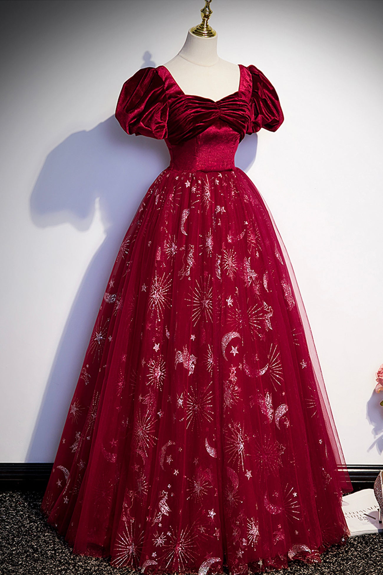 Burgundy A Line Puff Sleeve Velvet Tulle Long Prom Dress Evening Dress DP1215