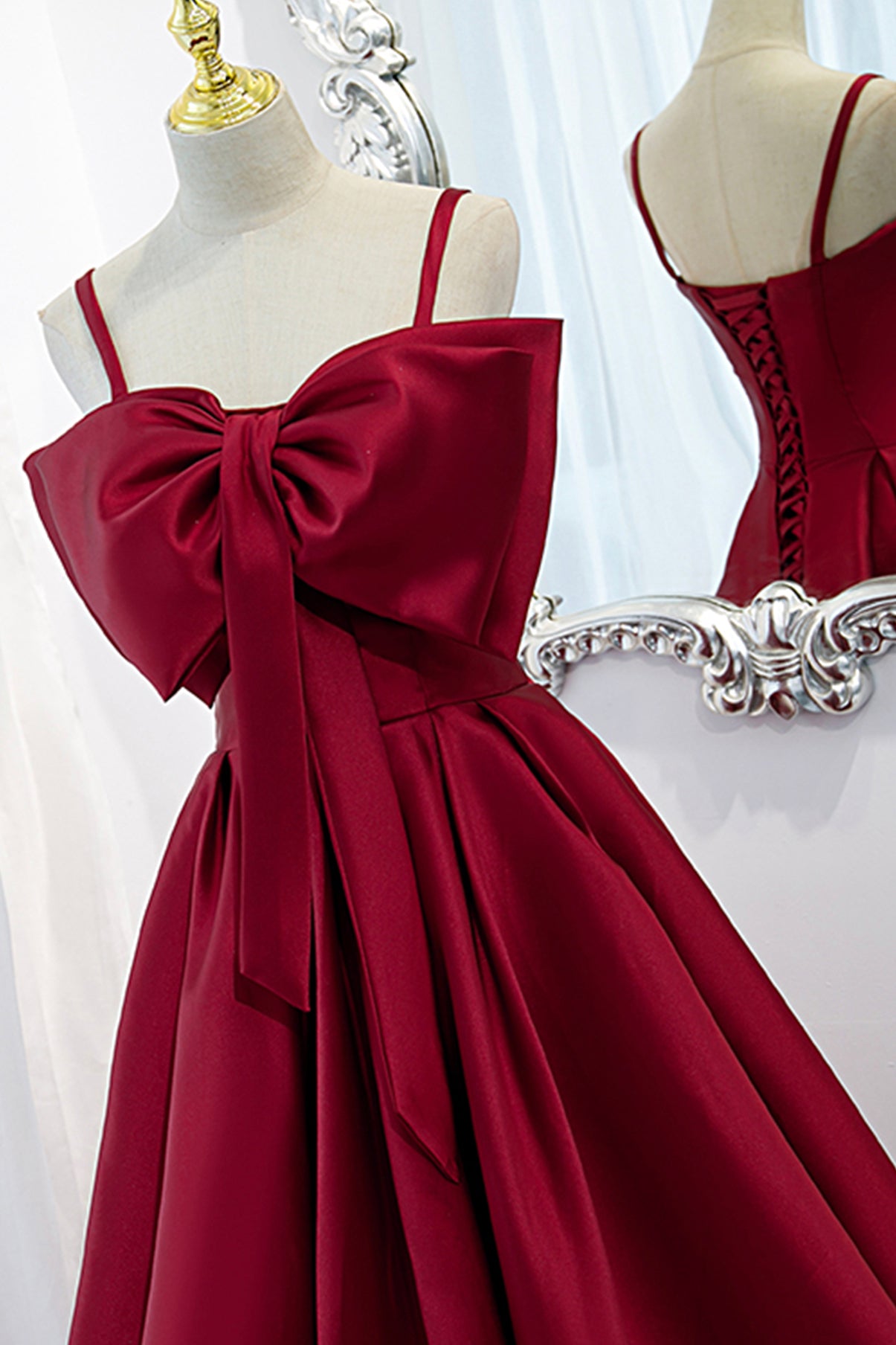 Burgundy A Line Spaghetti Strap Satin Prom Dress Evening Dress with Big Bow DP1097