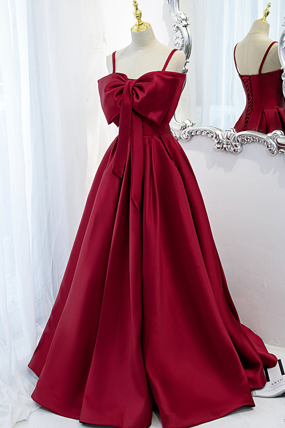 Burgundy A Line Spaghetti Strap Satin Prom Dress Evening Dress with Big Bow DP1097
