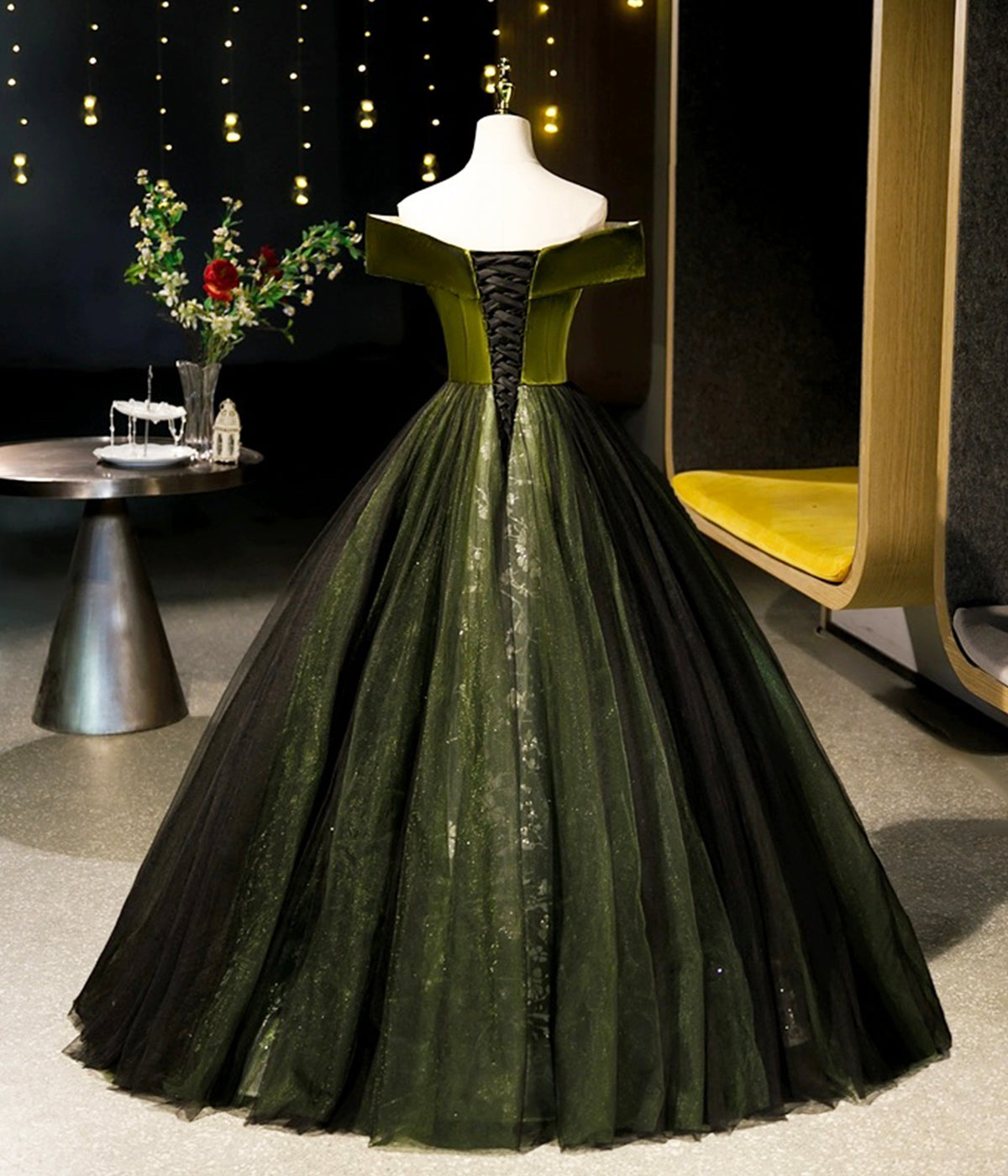 Green Off-the-shoulder Appliques Velvet Tulle Long Prom Dress Evening Dress DP912