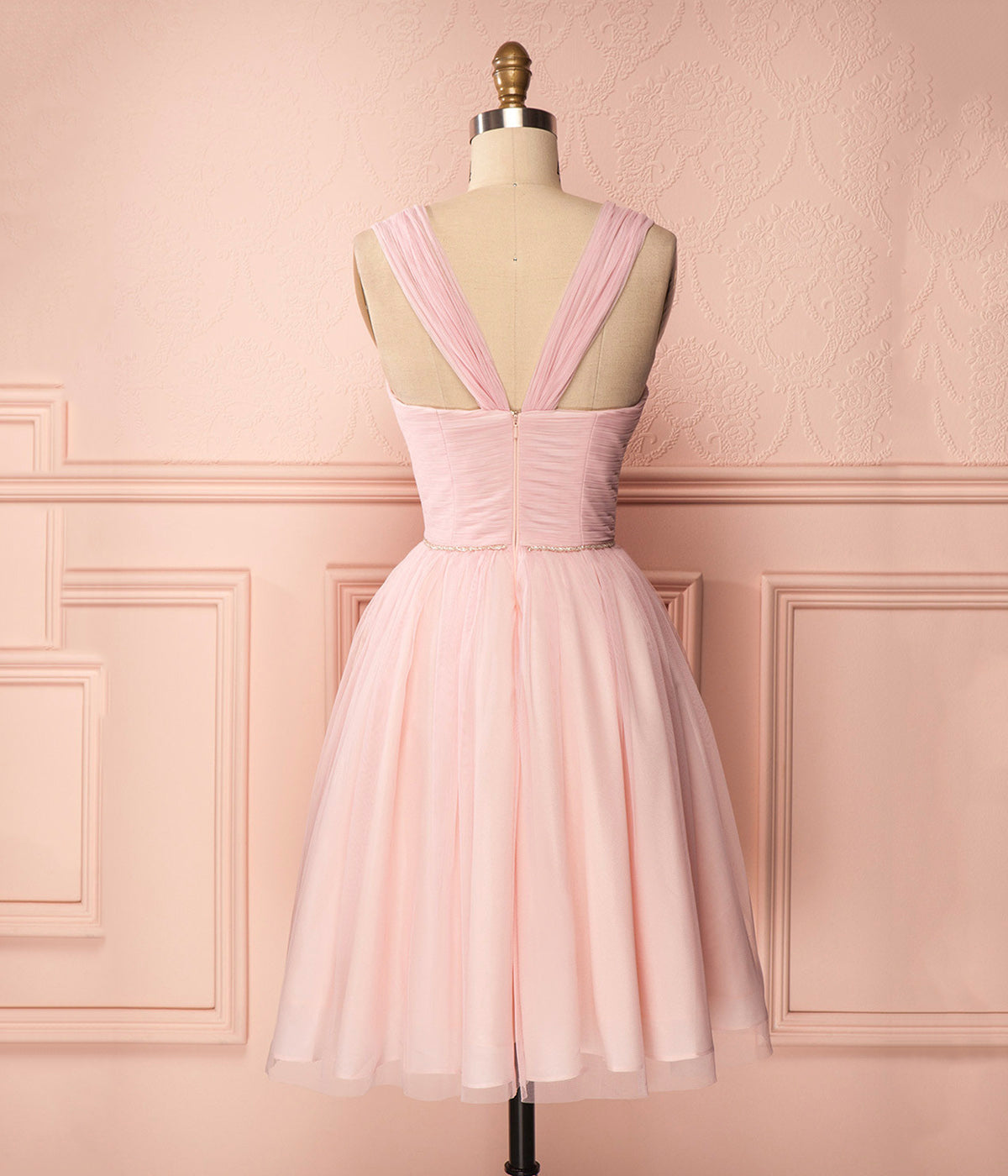Simple Pink A Line Spaghetti Strap Tulle Bridesmaid Dresses DP916