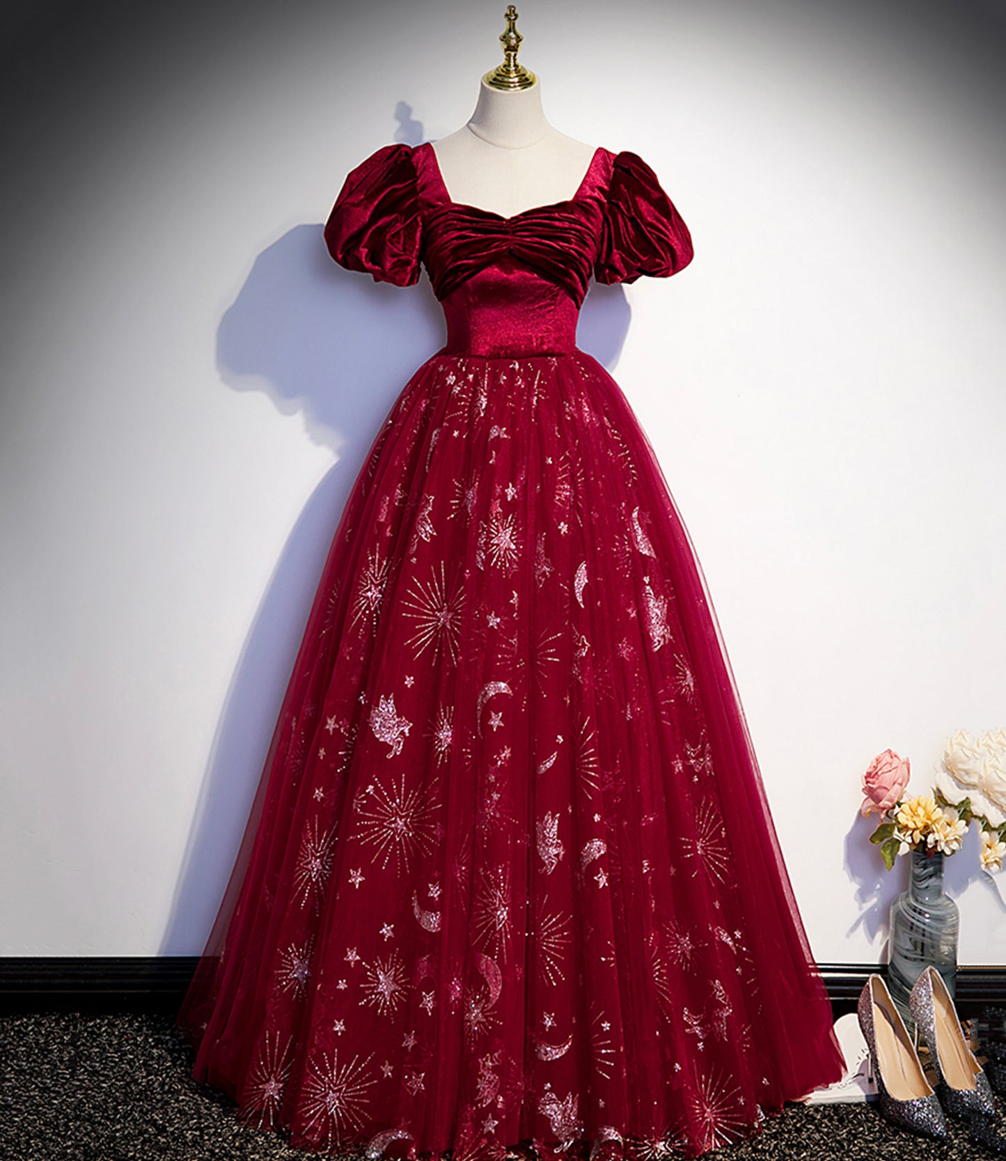 Burgundy A Line Puff Sleeve Velvet Tulle Long Prom Dress Evening Dress DP1215