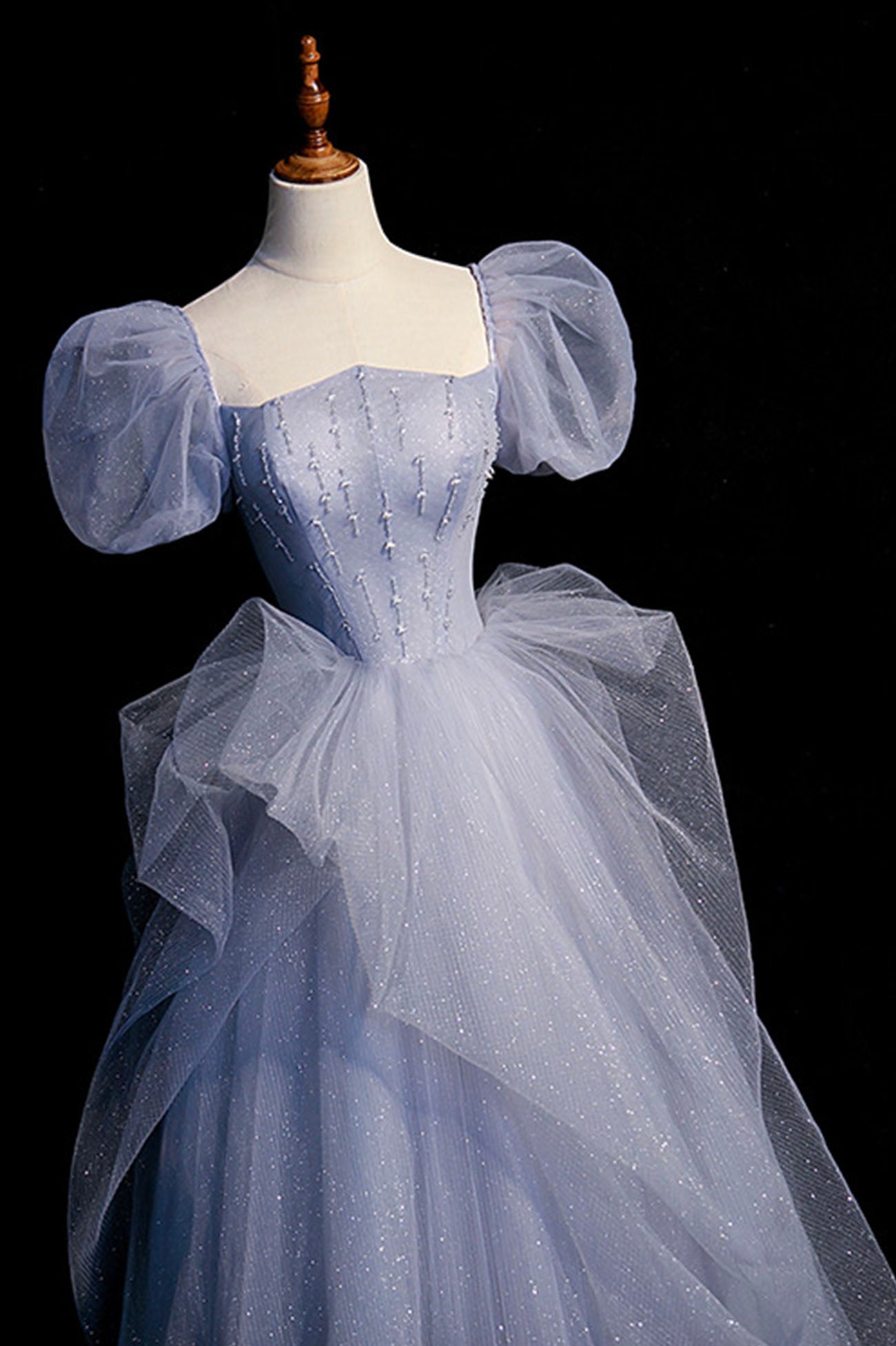 Blue A Line Off the Shoulder Beads Tulle Prom Dress Evening Dress DP1263