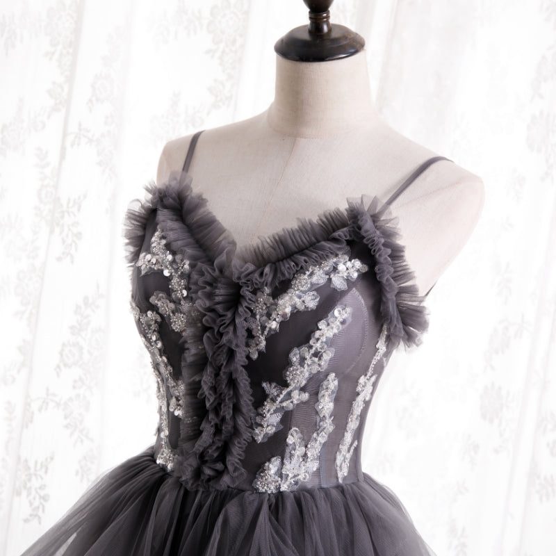 Gray Straps Ruffle Tulle Lace Long Prom Dress Evening Dress DP1082