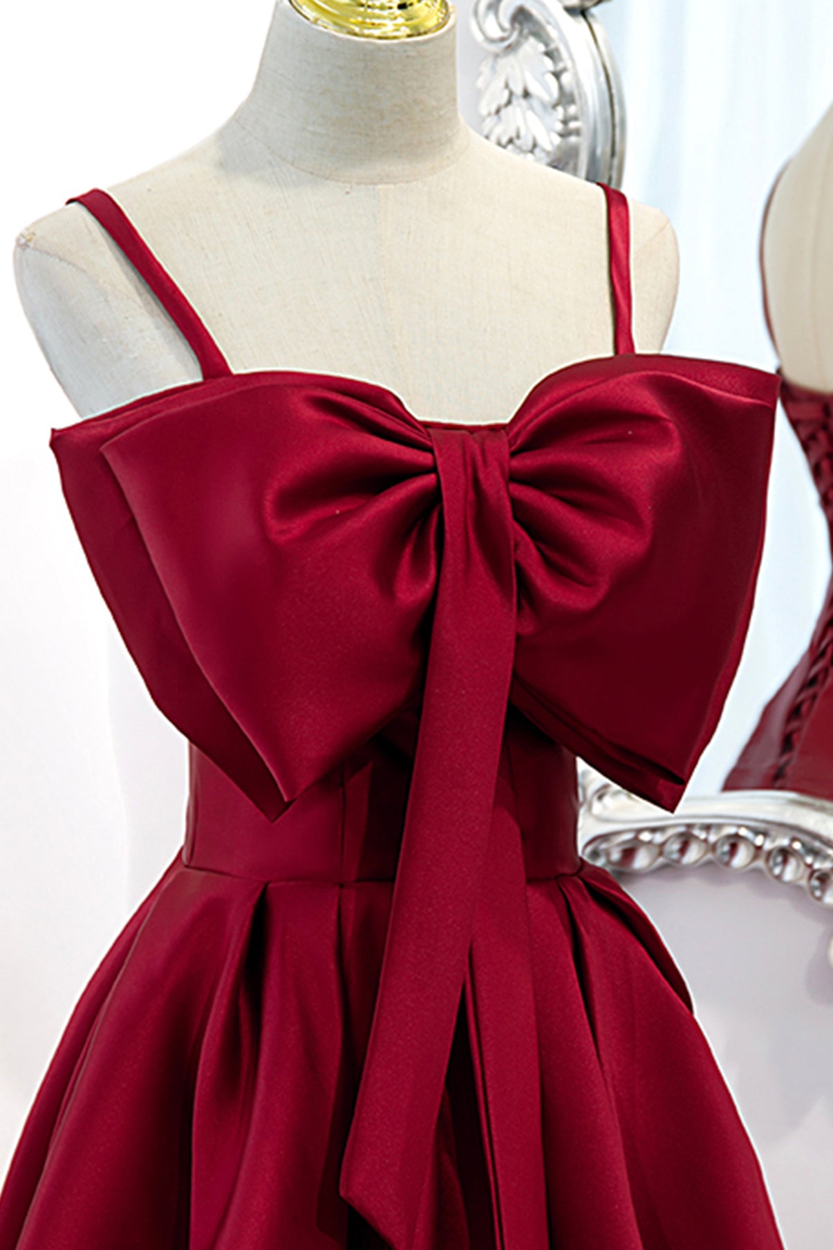 Burgundy A Line Spaghetti Strap Satin Prom Dress Evening Dress with Big Bow DP1097