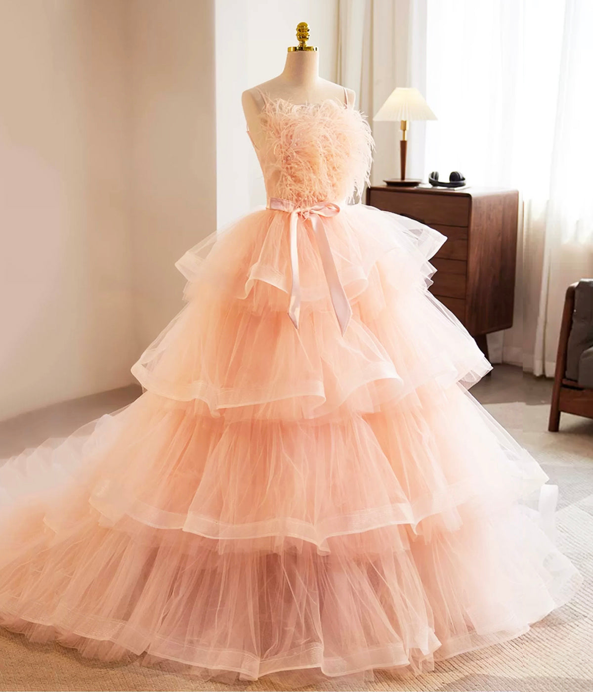 Pink Spaghetti Strap Feather Layered Bow Tulle Prom Dresses DP928