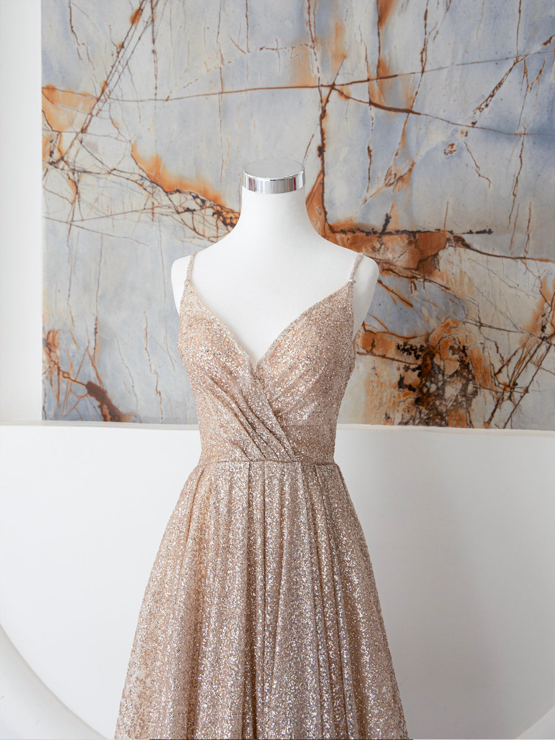 Champagne A Line Spaghetti Strap Sequins Long Prom Dress Evening Dress DP906