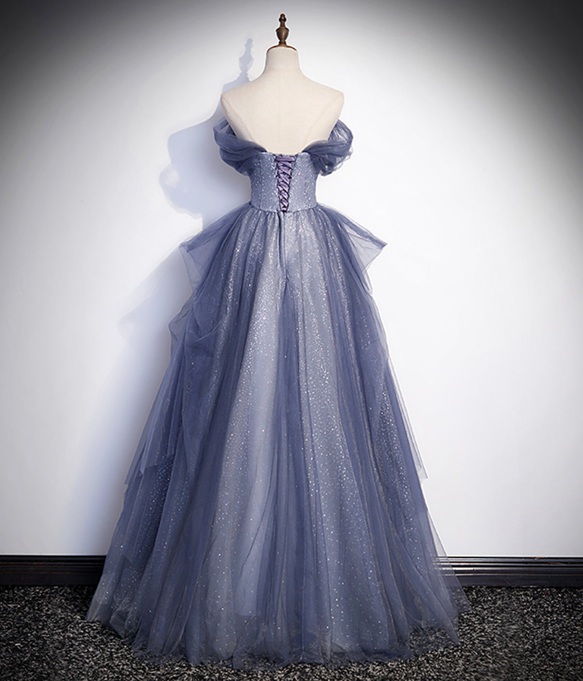 A Line Off the Shoulder Appliques Blue Tulle Lace Long Prom Dress Evening Party Dress DP1223