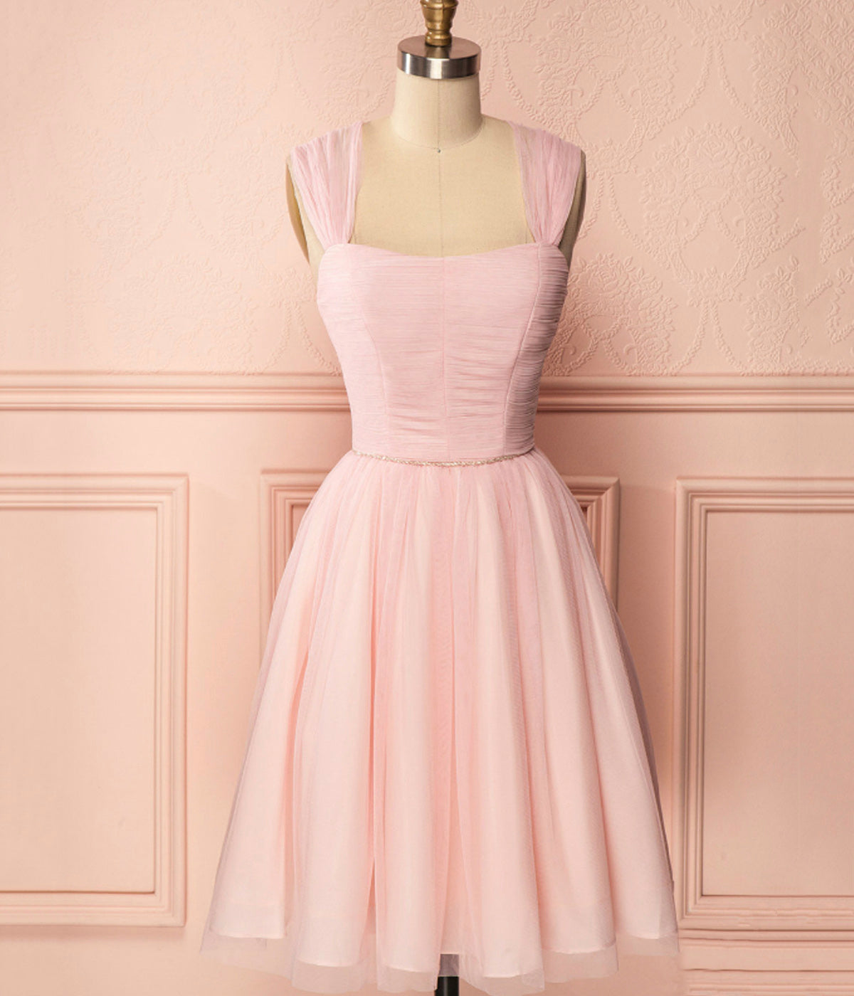 Simple Pink A Line Spaghetti Strap Tulle Bridesmaid Dresses DP916