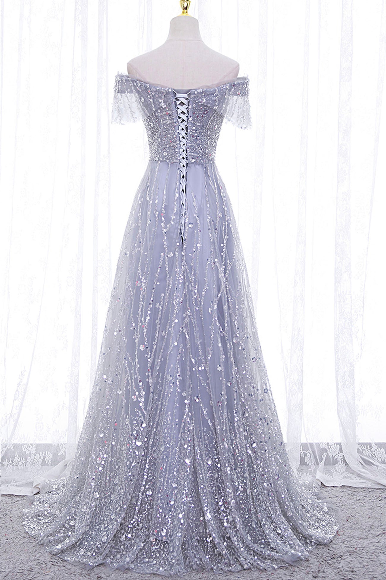 Elegant A Line Off the Shoulder Sequins Tulle Long Prom Dress Evening Dress DP1231