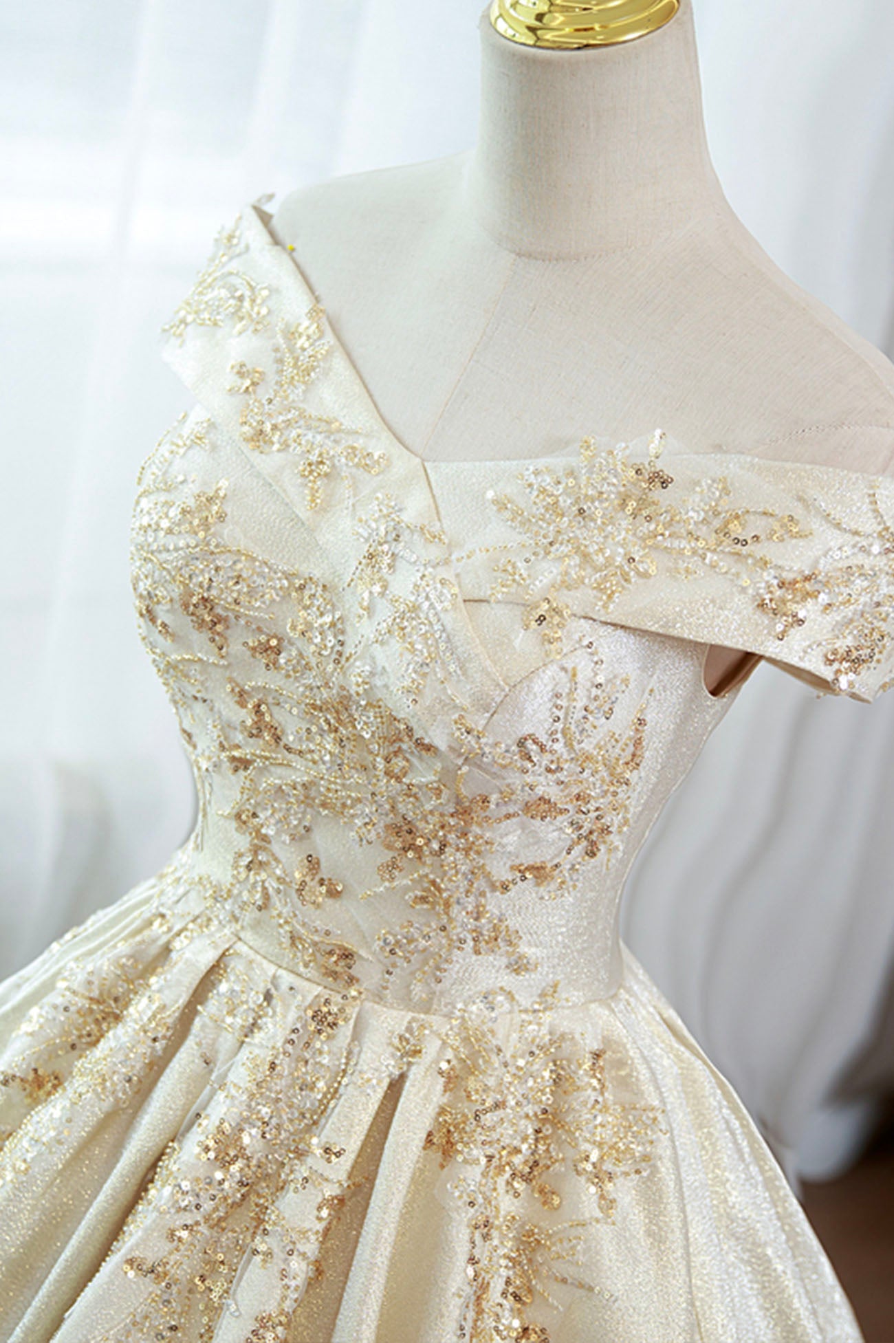 Champagne A Line Sequins Beaded Satin Long Ball Gown Formal Gown DP926