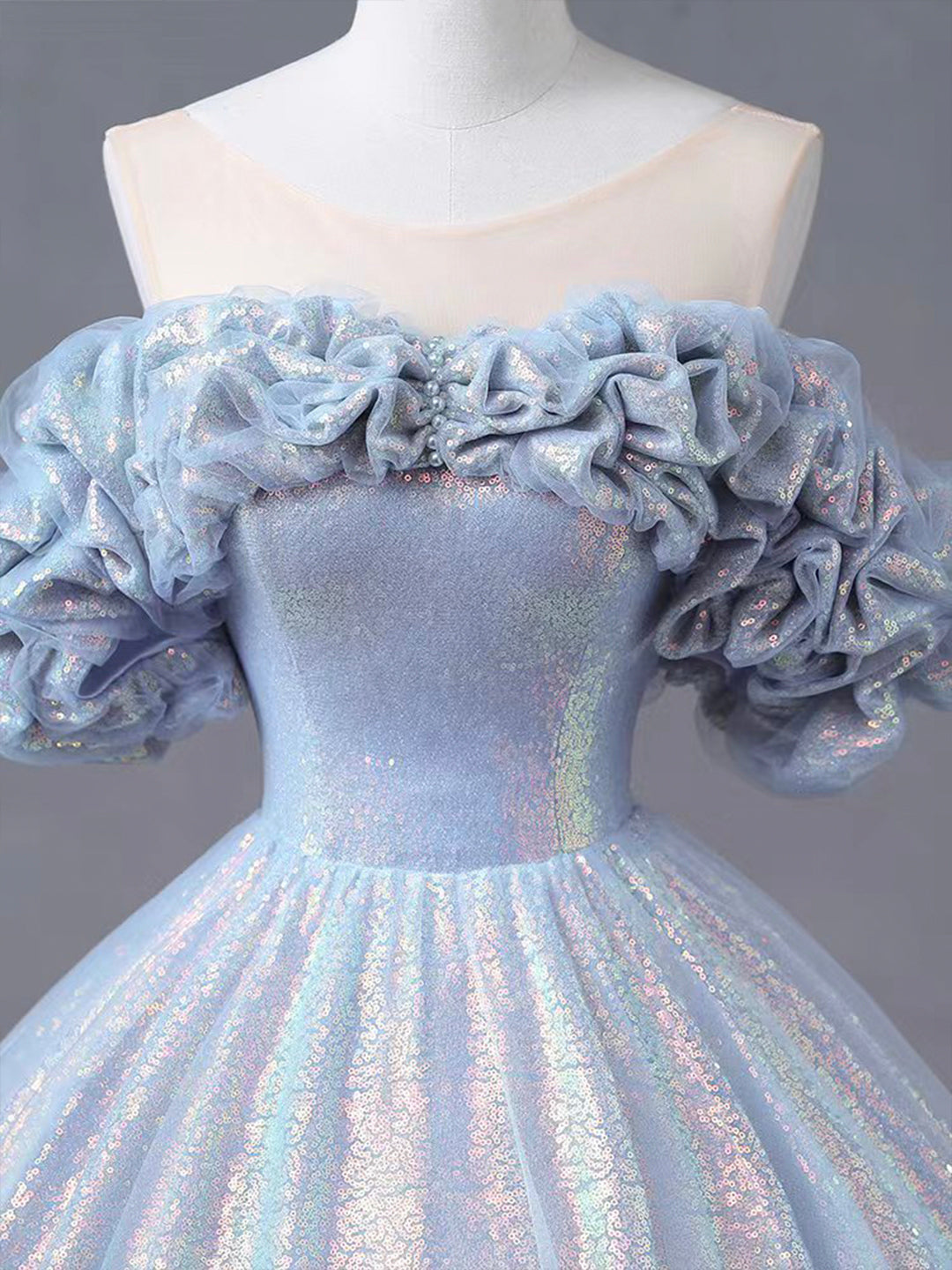 Blue A Line Tulle Sequins Long Ball Gown Prom Dresses DP923