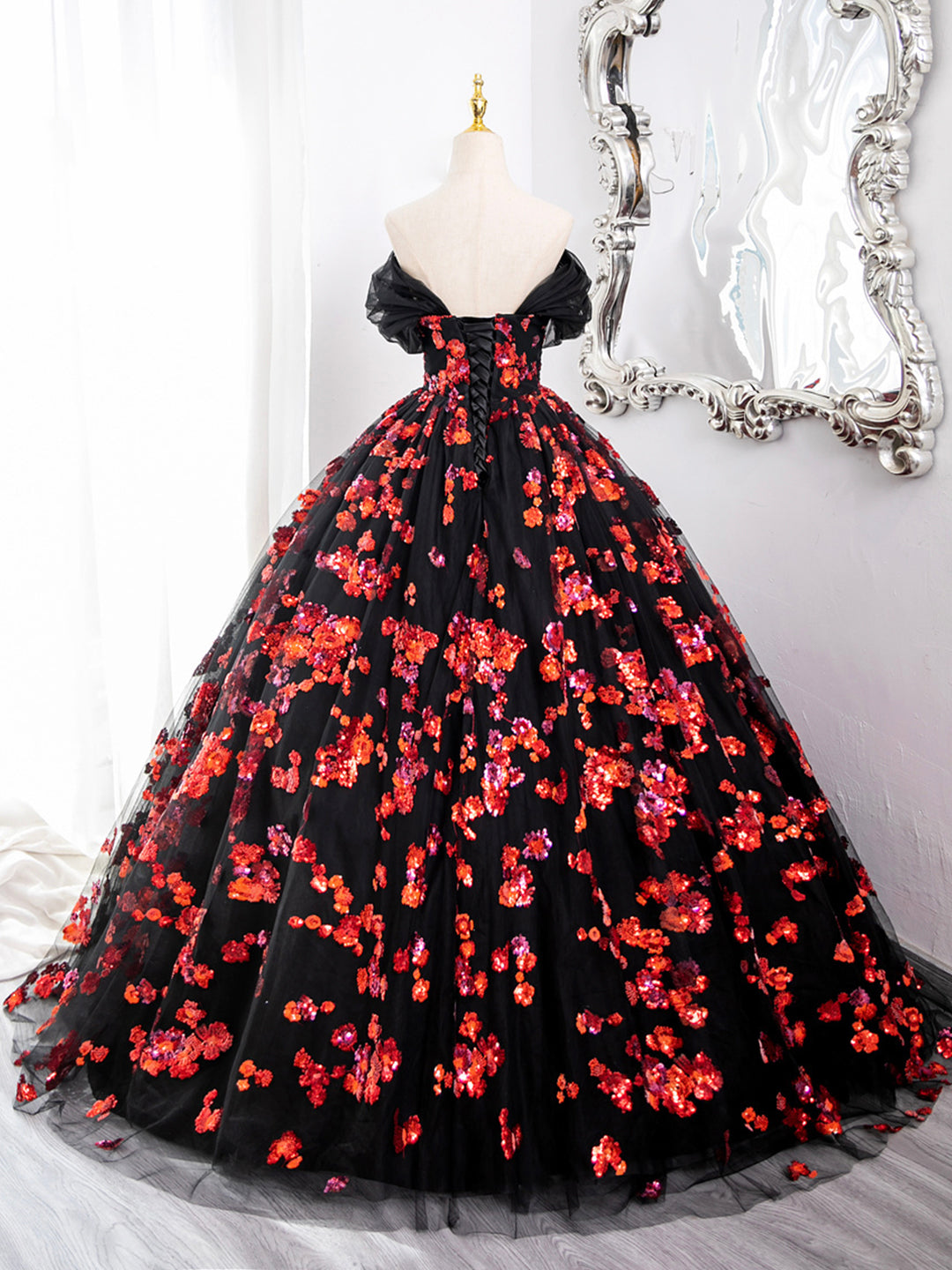 Off-the-shoulder Black Tulle Red Sequins Long Formal Gown Evening Party Dress DP914