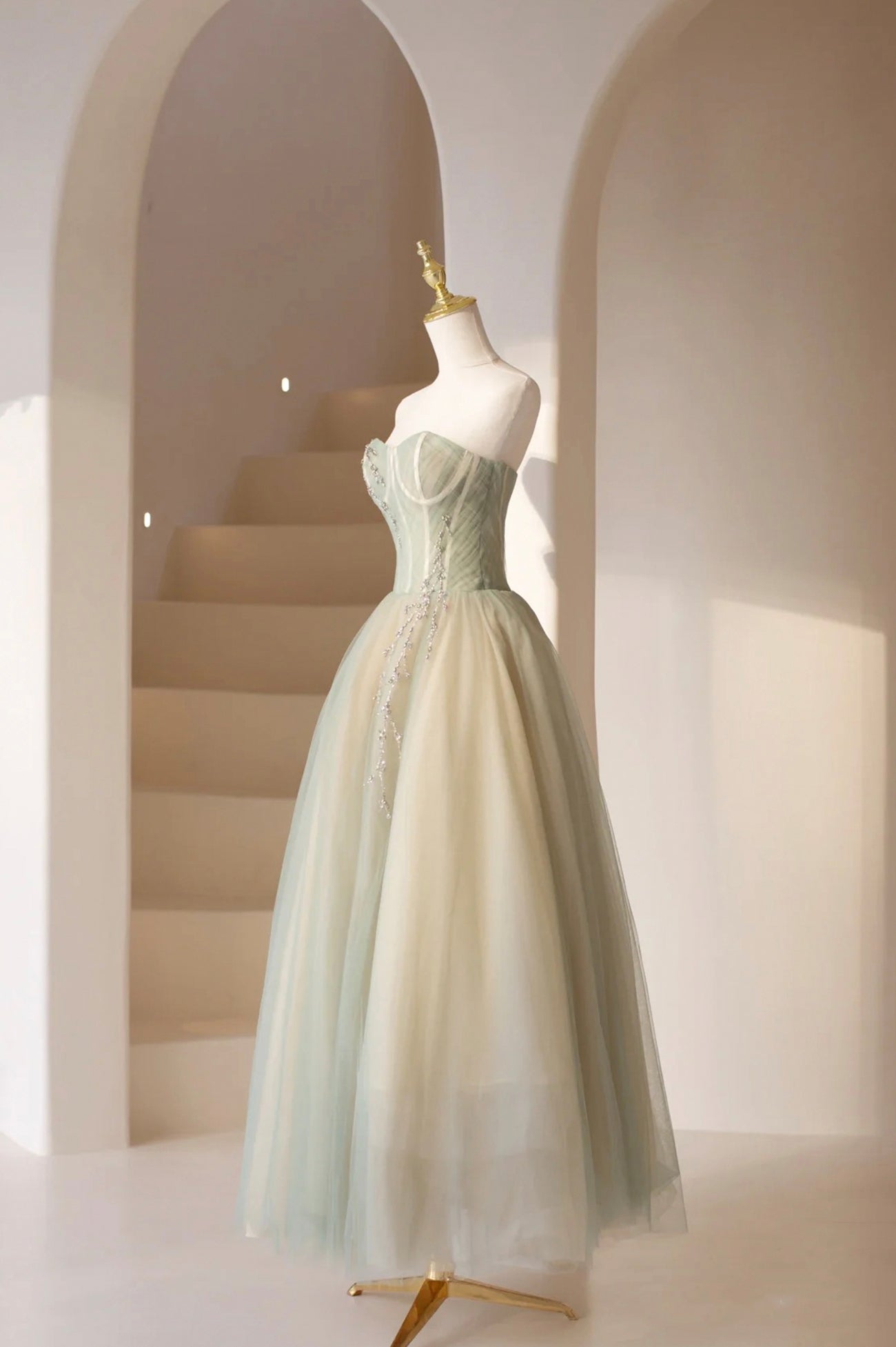 Cute Strapless Beaded Tulle Tea Length Prom Dress DP970