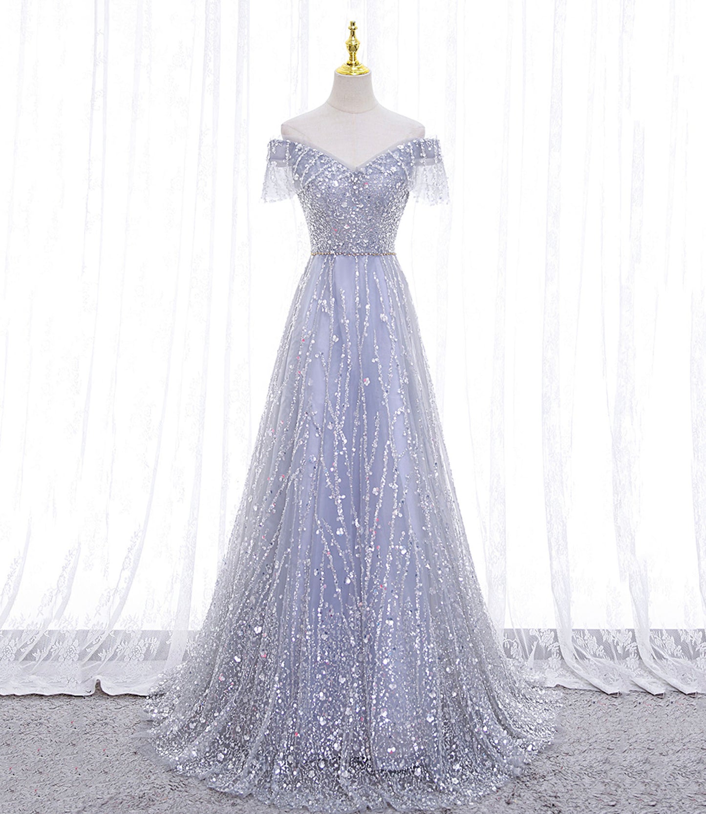 Elegant A Line Off the Shoulder Sequins Tulle Long Prom Dress Evening Dress DP1231