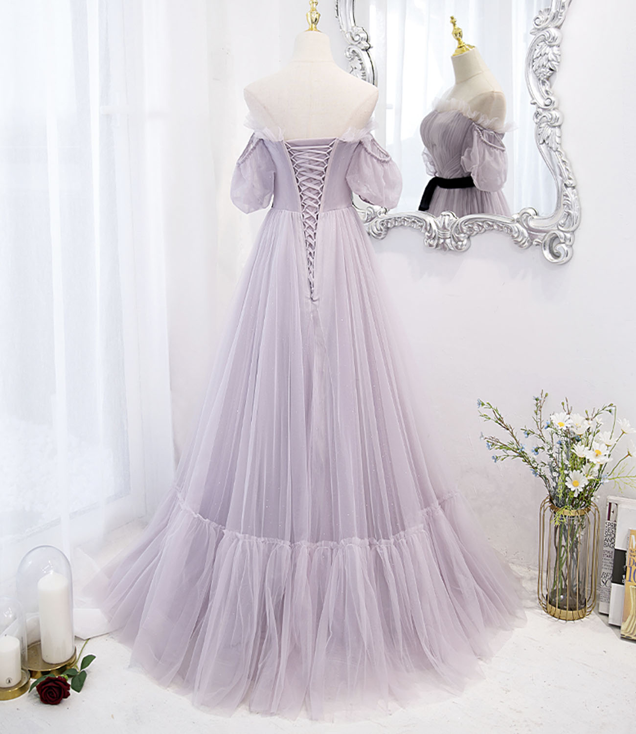 A Line Off-the-shoulder Purple Tulle Long Prom Dress Evening Dress DP1080