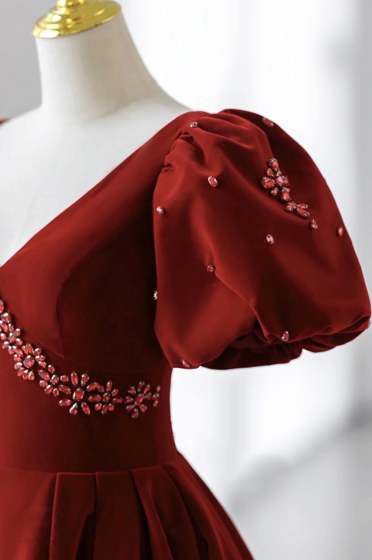 Burgundy A Line Puff Sleeves Velvet Long Prom Dress Evening Dress DP904