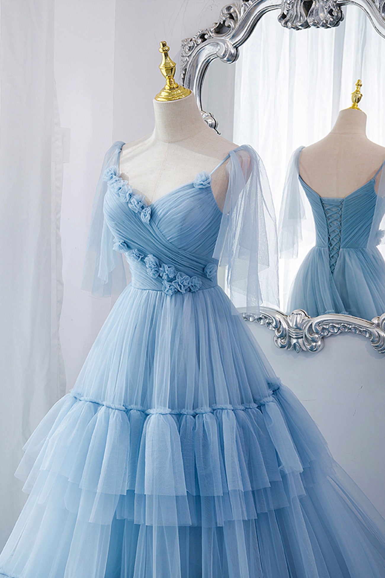 A Line Blue Layered Tulle Long Prom Dress Evening Gown DP966