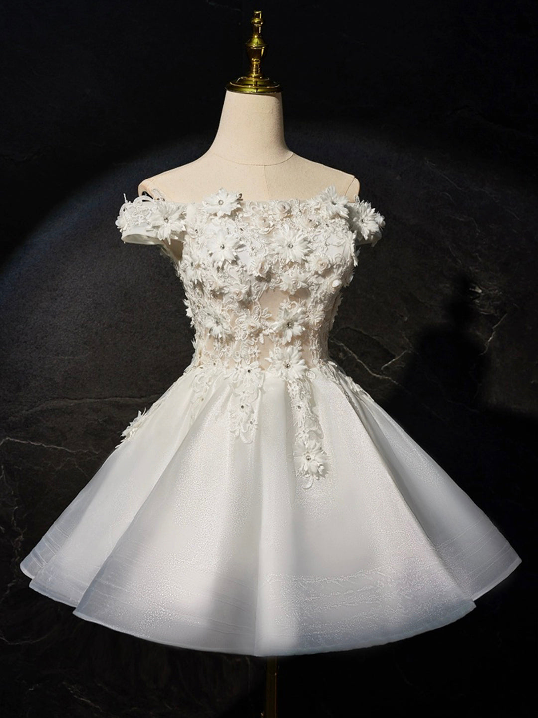 White Cute Off-the-shoulder Appliques Tulle Short Prom Dress Party Dress DP905
