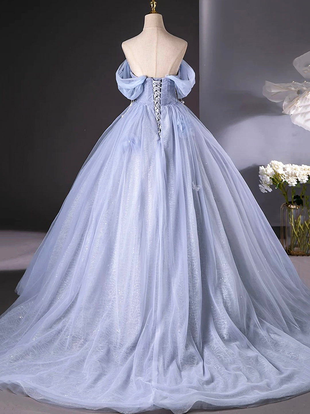 A Line Off the Shoulder Blue Tulle Floor Length Prom Dress Ball Gown DP1092