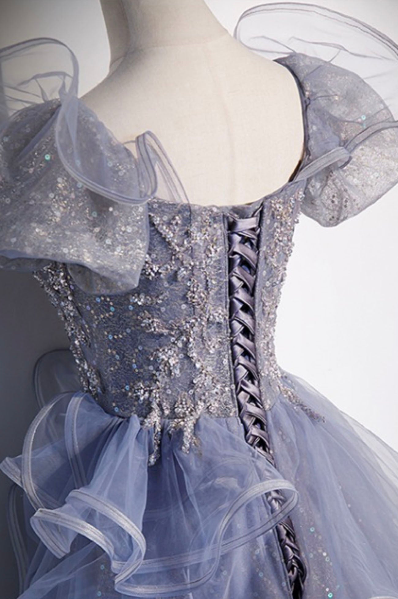 Grey A Line Puff Sleeve Ruffle Sequins Tulle Long Prom Dress Evening Dress DP1246