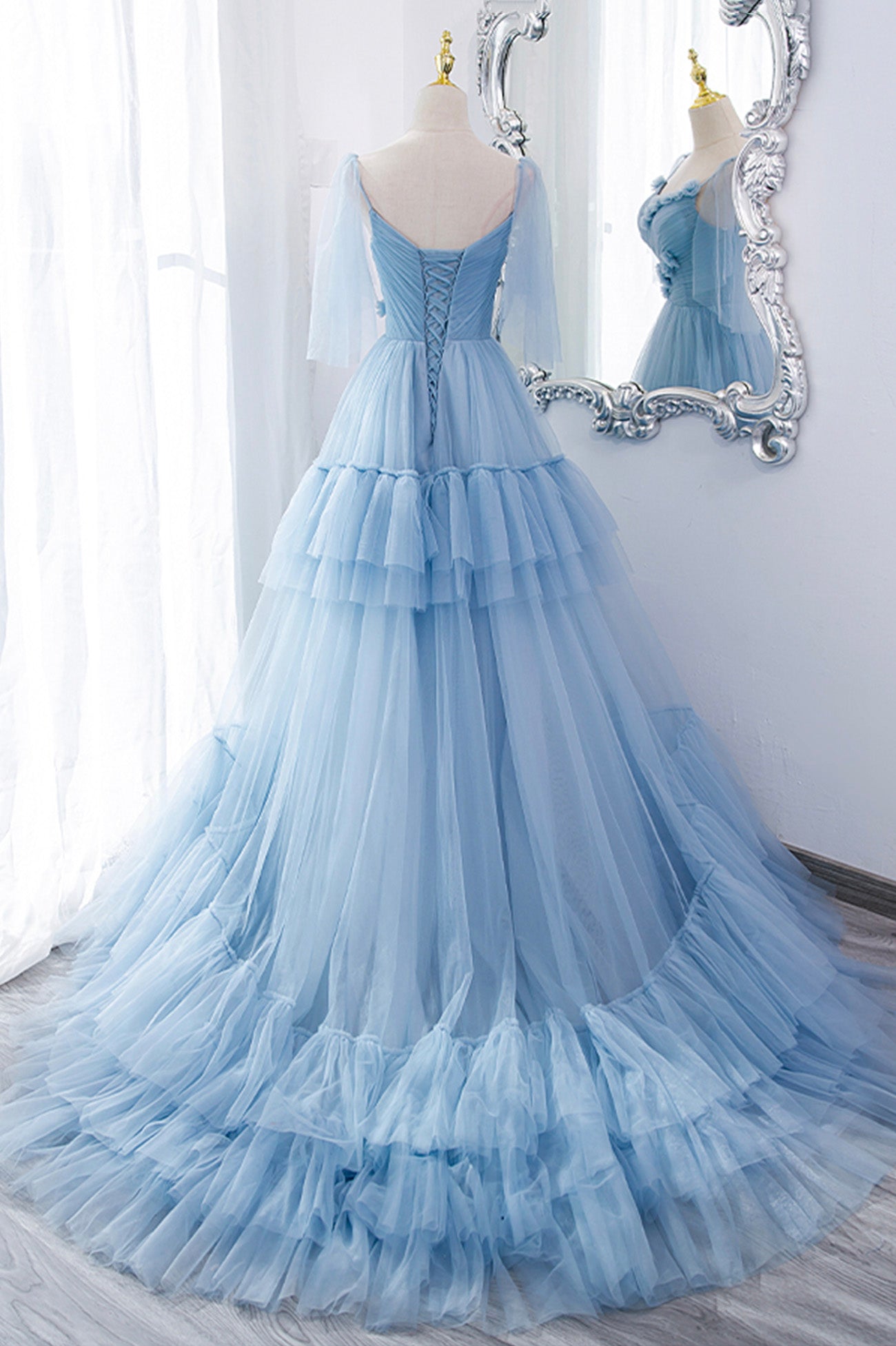 A Line Blue Layered Tulle Long Prom Dress Evening Gown DP966