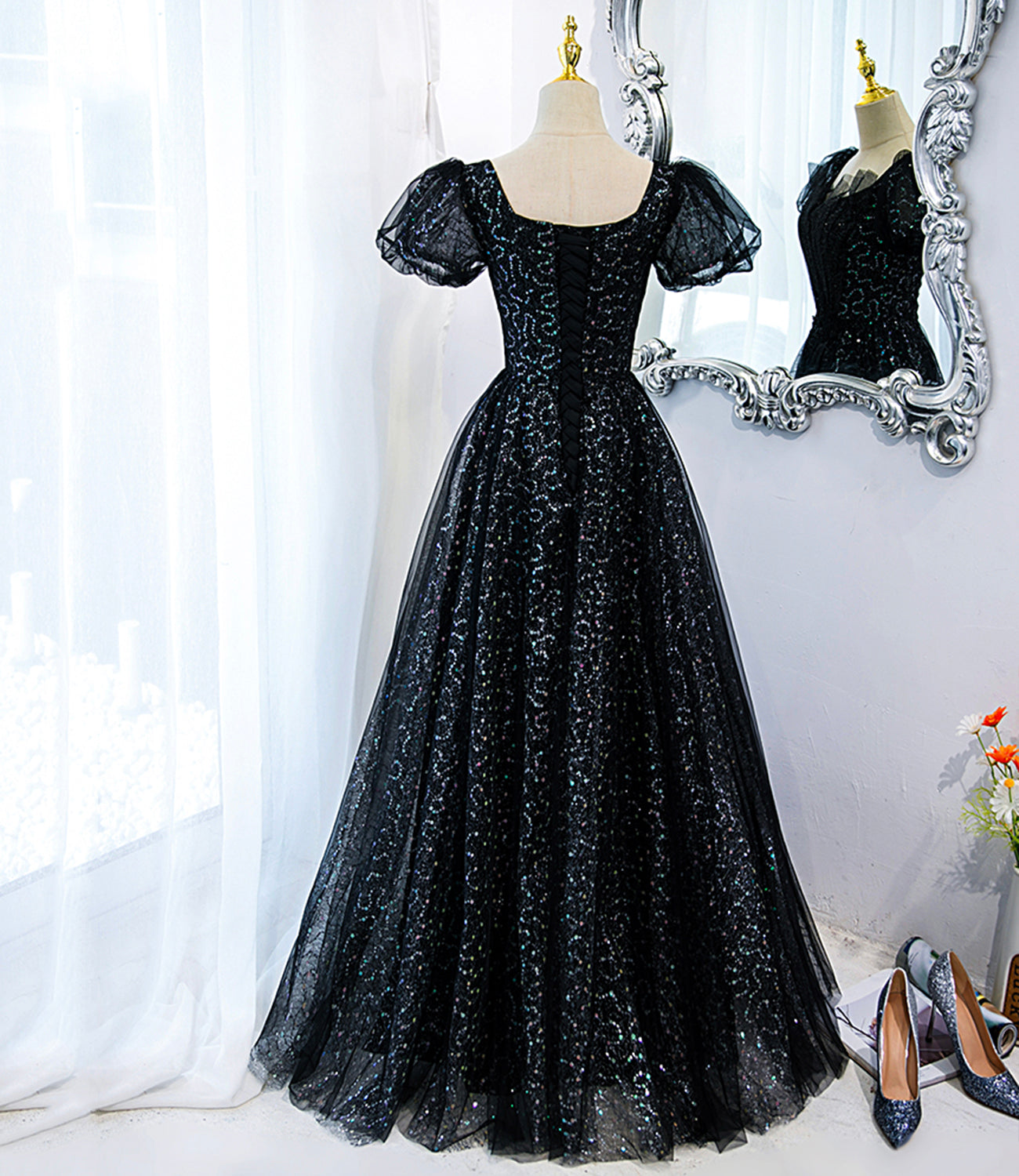 A Line Puff Sleeve Sequins Black Tulle Long Prom Dress Evening Dress DP1072