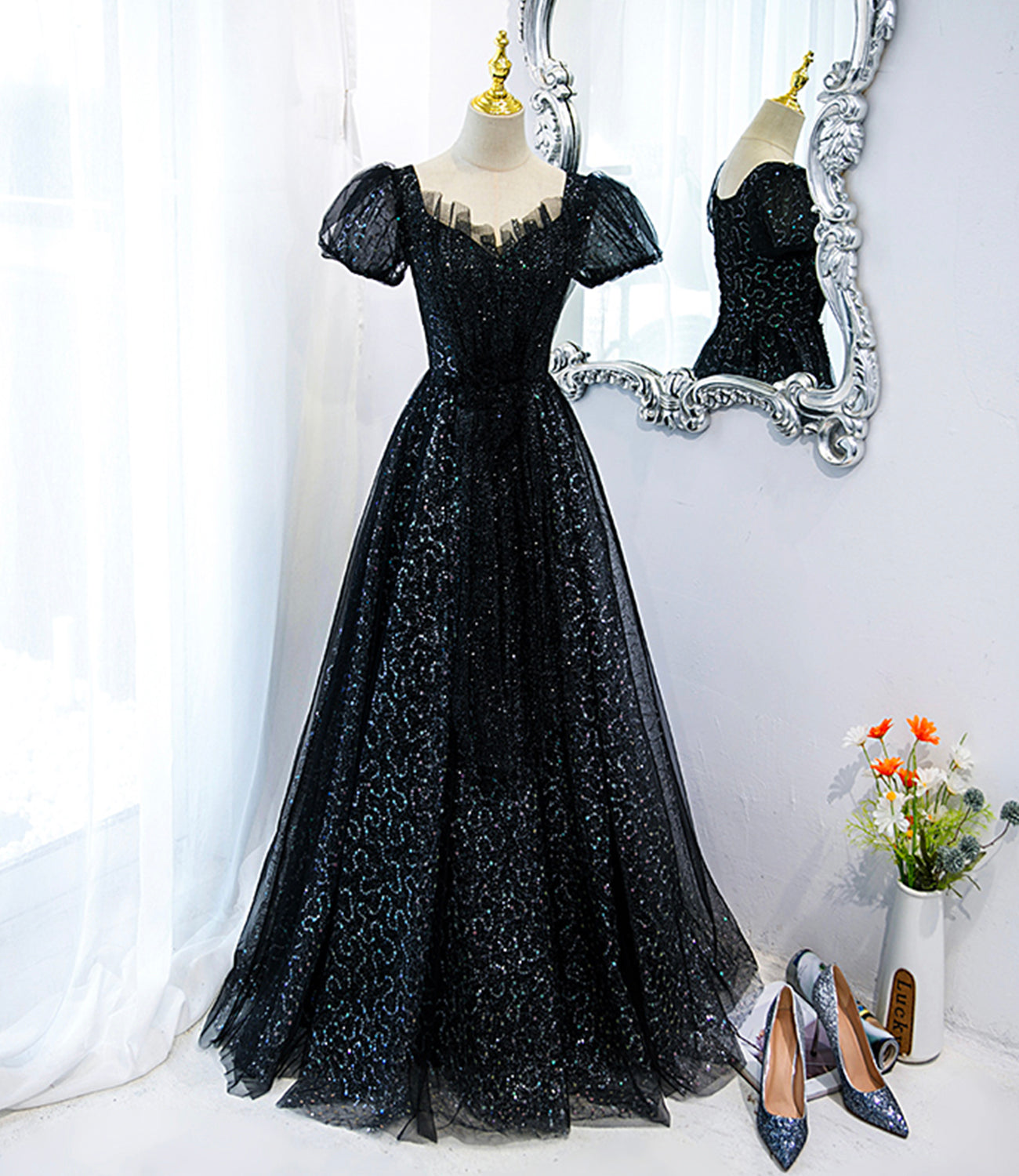 A Line Puff Sleeve Sequins Black Tulle Long Prom Dress Evening Dress DP1072
