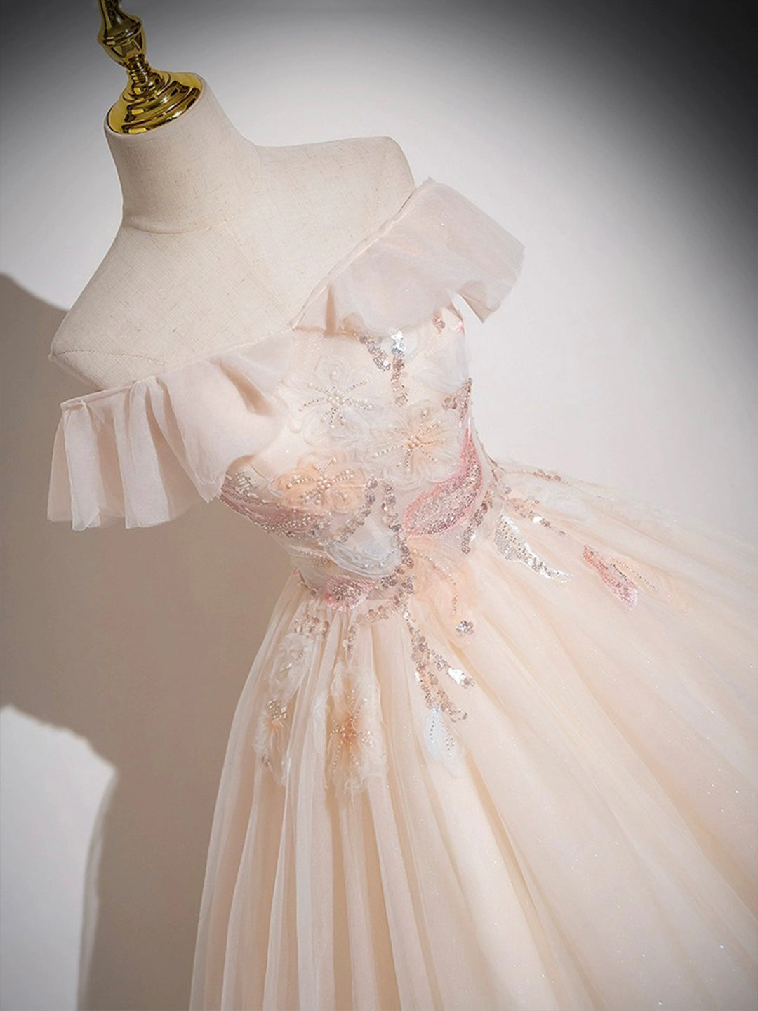 Elegant Off the Shoulder Appliques Sequins Tulle Long Prom Dress Ball Gown DP1136