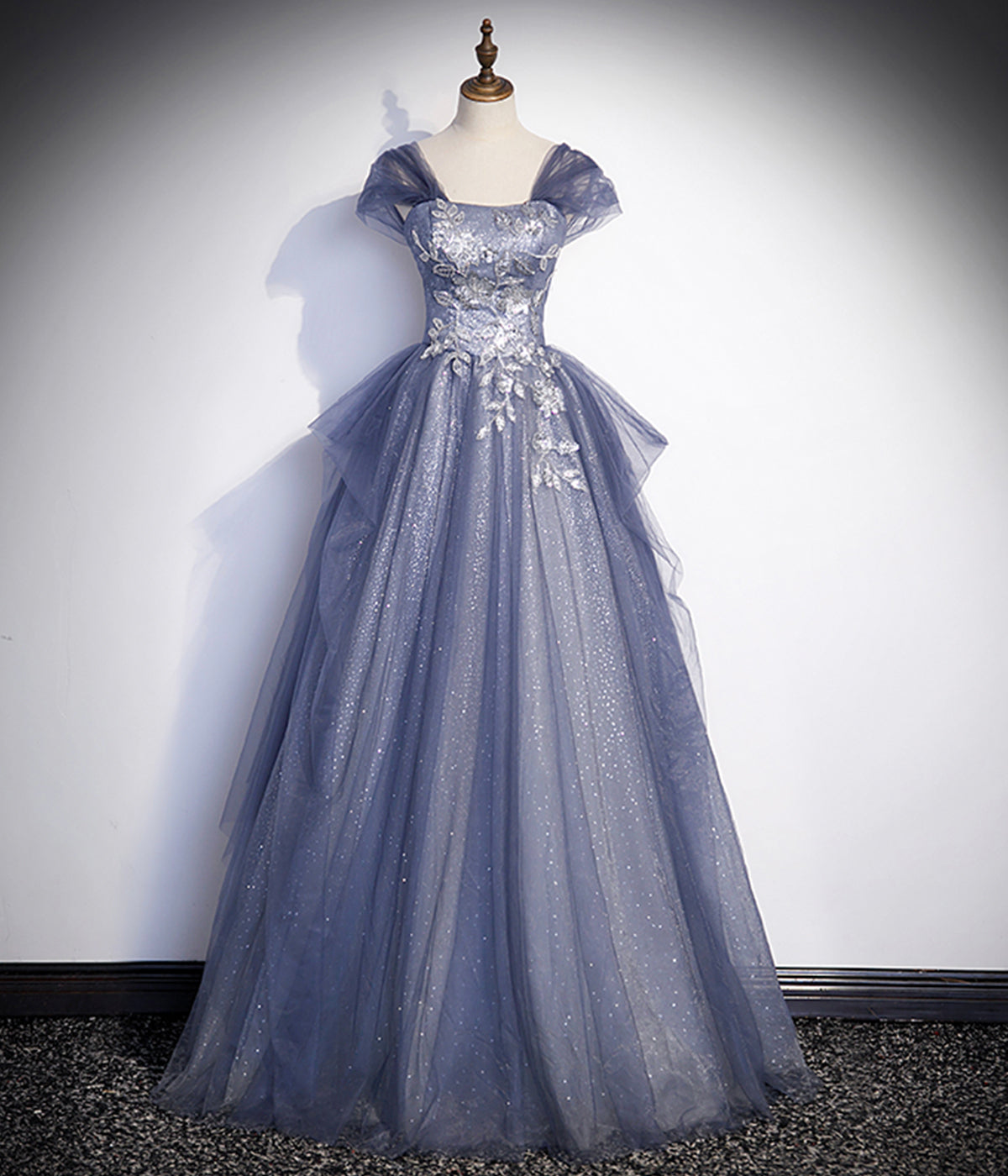 A Line Off the Shoulder Appliques Blue Tulle Lace Long Prom Dress Evening Party Dress DP1223
