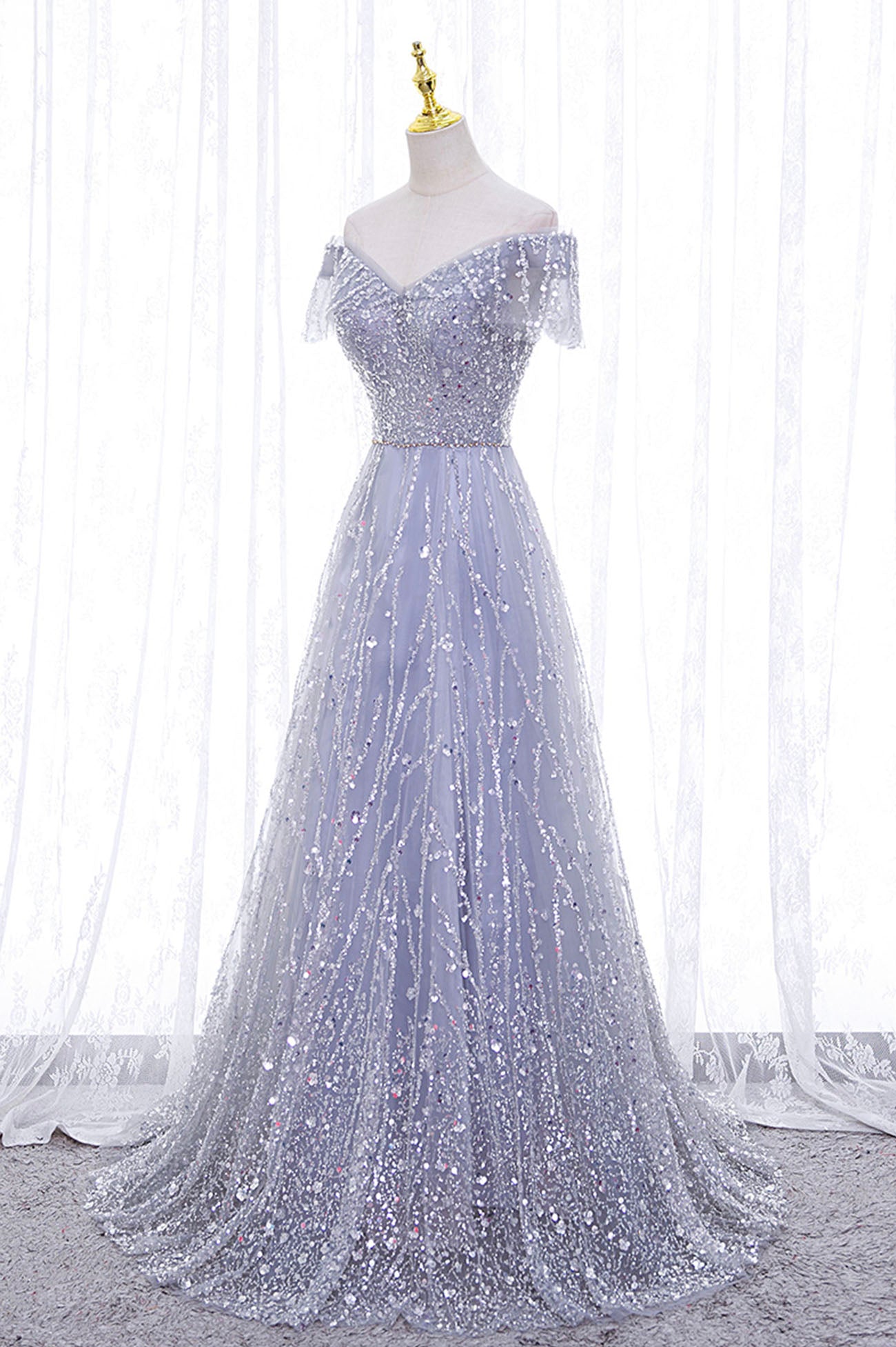 Elegant A Line Off the Shoulder Sequins Tulle Long Prom Dress Evening Dress DP1231