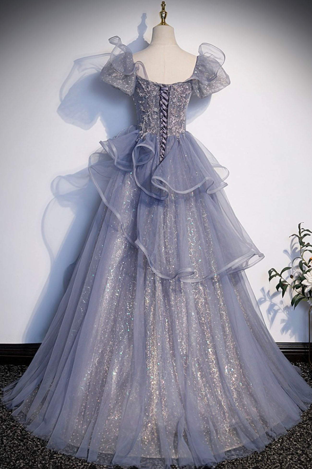 Grey A Line Puff Sleeve Ruffle Sequins Tulle Long Prom Dress Evening Dress DP1246