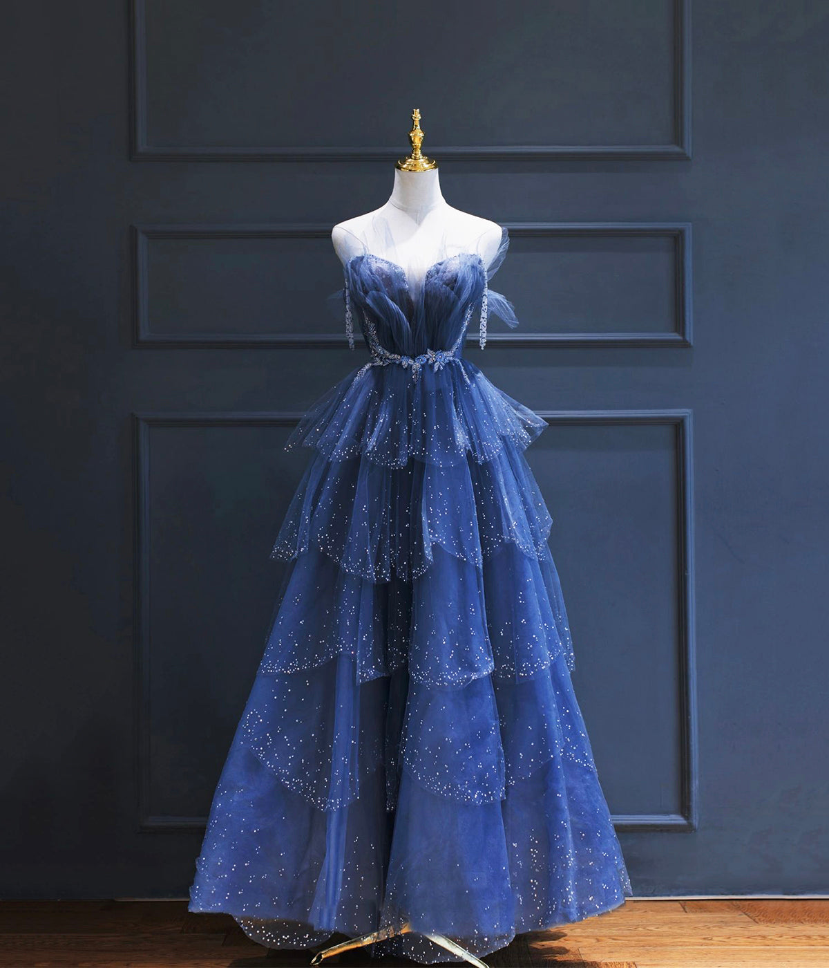 Dark Blue A Line Strapless Beaded Tulle Long Senior Prom Dress Evening Party Dress DP915
