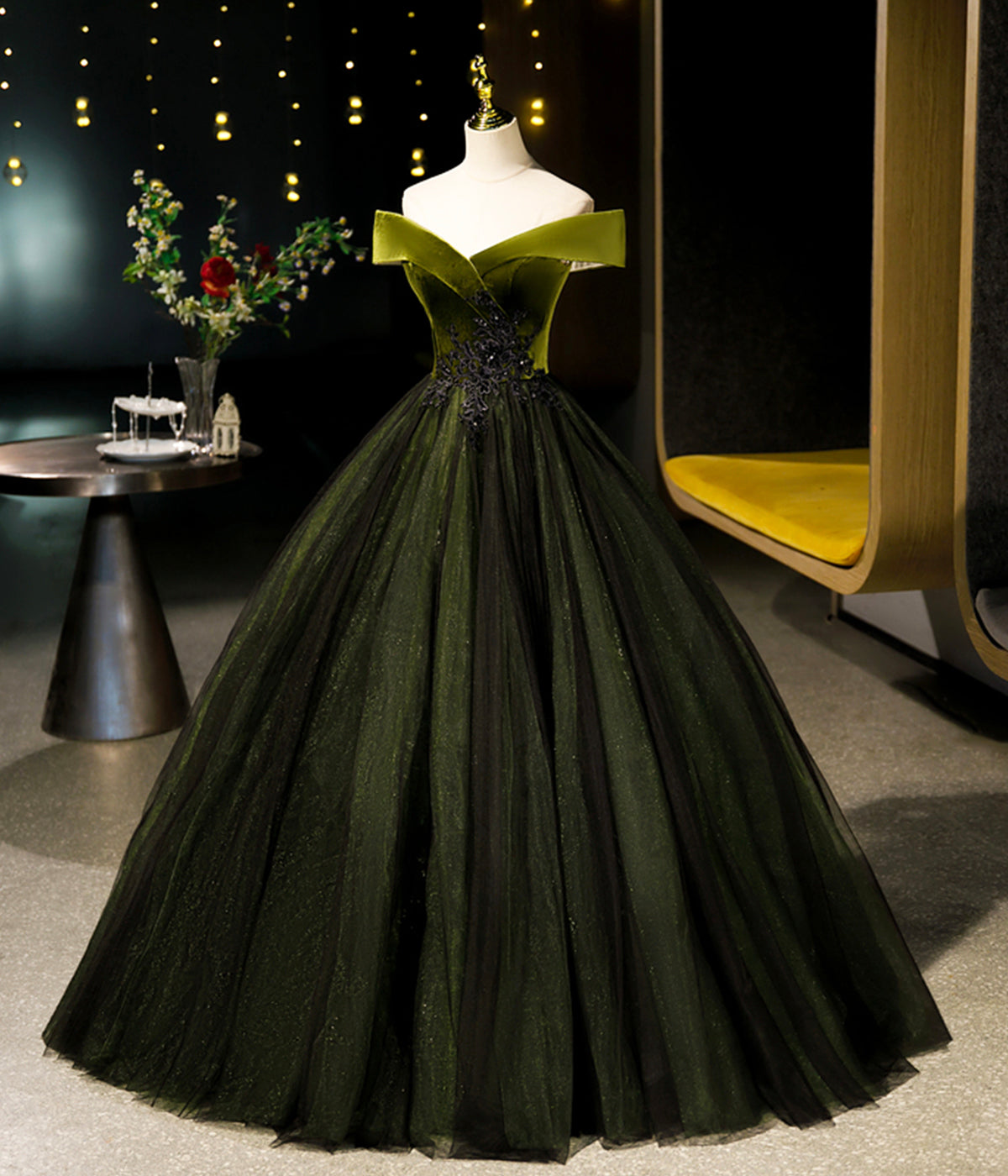 Green Off-the-shoulder Appliques Velvet Tulle Long Prom Dress Evening Dress DP912